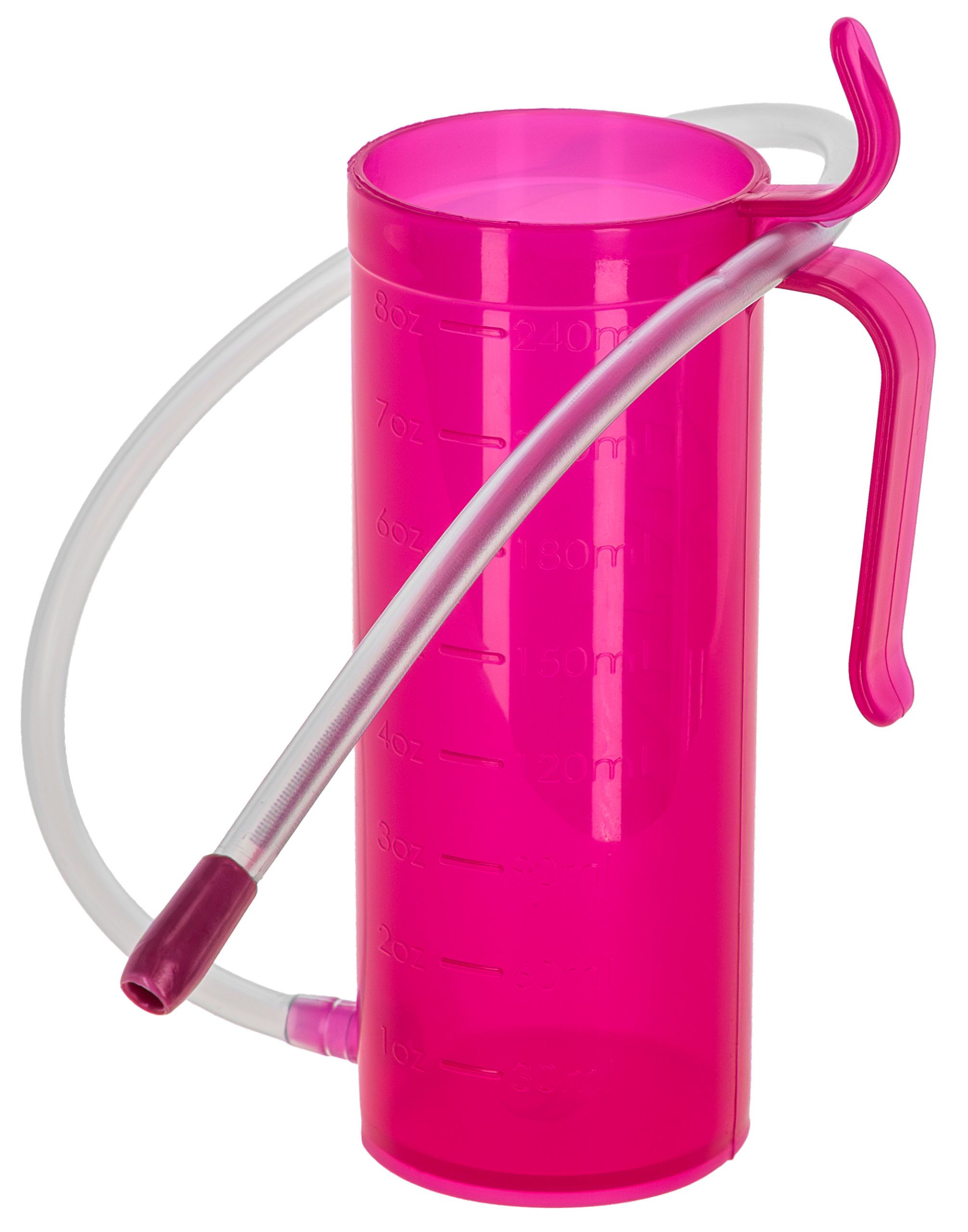 water bottle, pink, measuring markings, travel mug, carrying loop