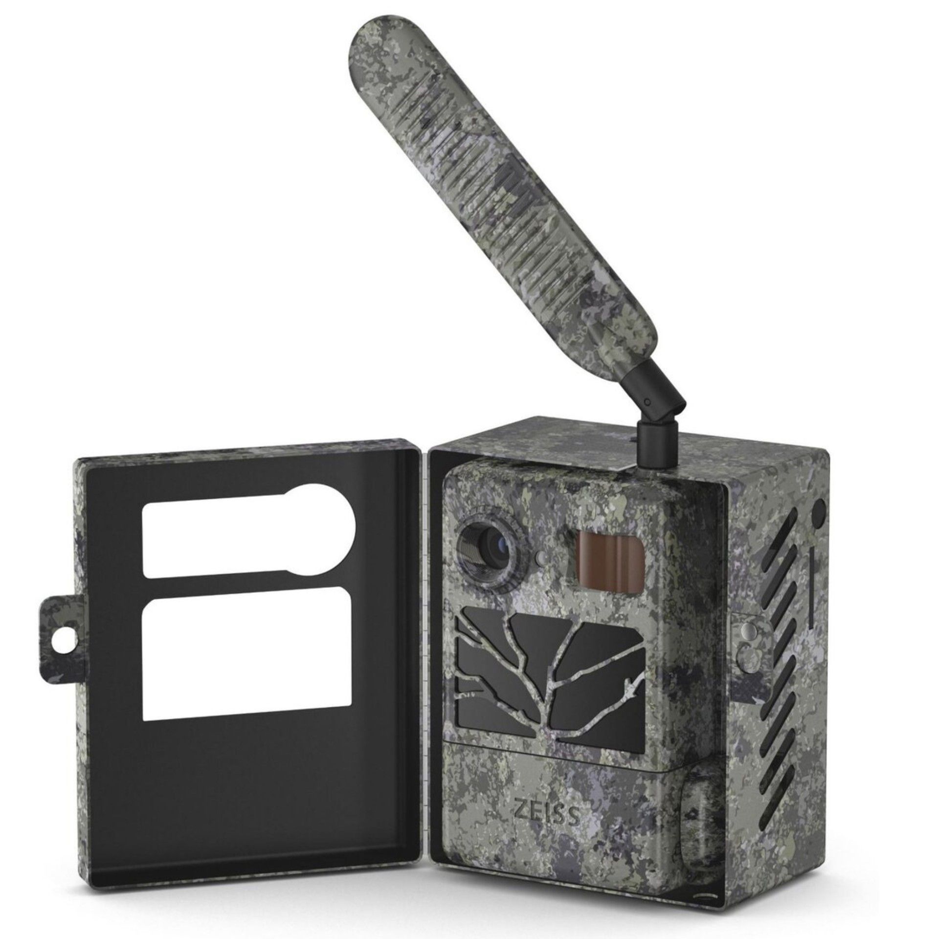Fototrappola mimetica con vano batterie aperto e antenna