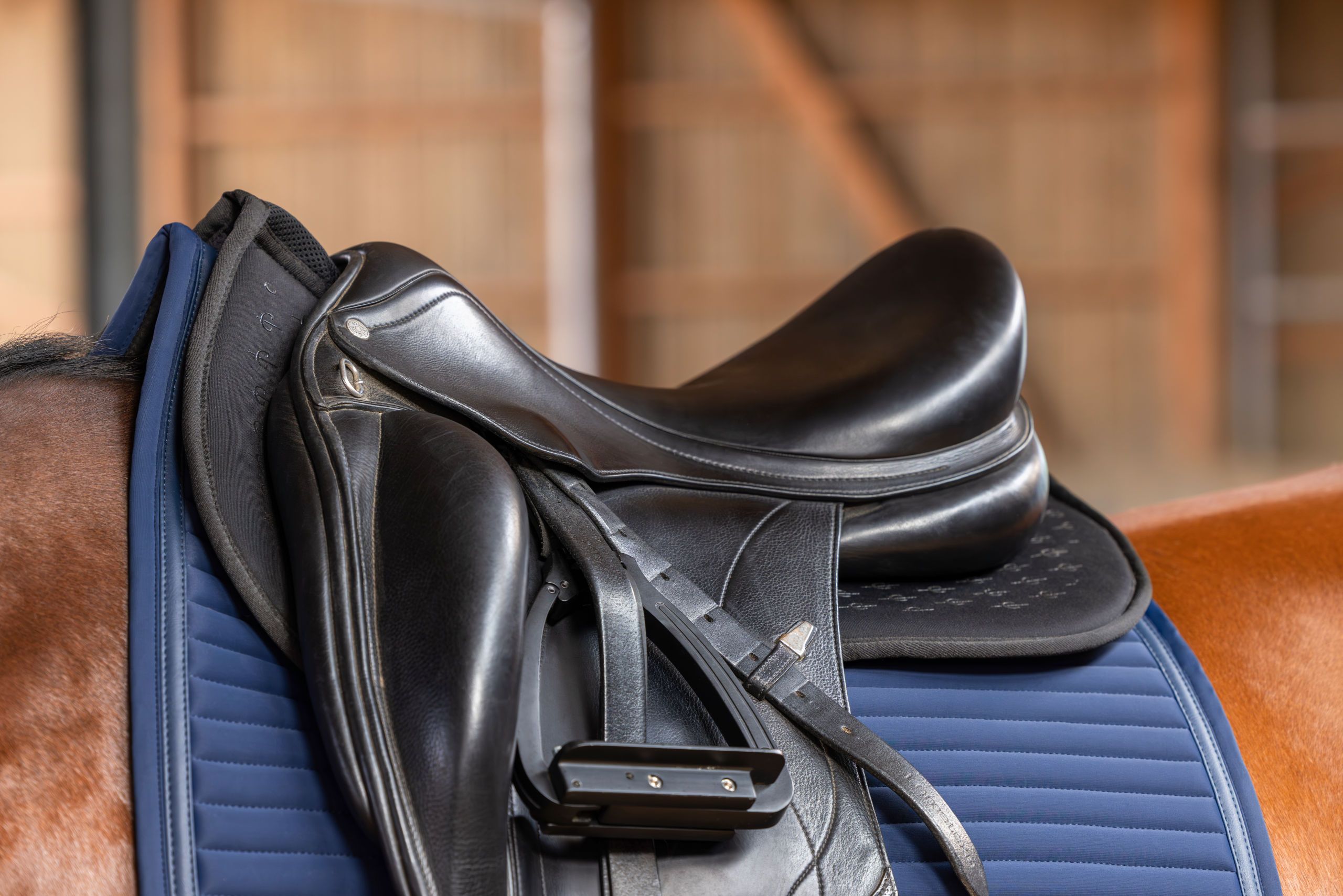 saddle, horse saddle, stirrups, black leather, stitching