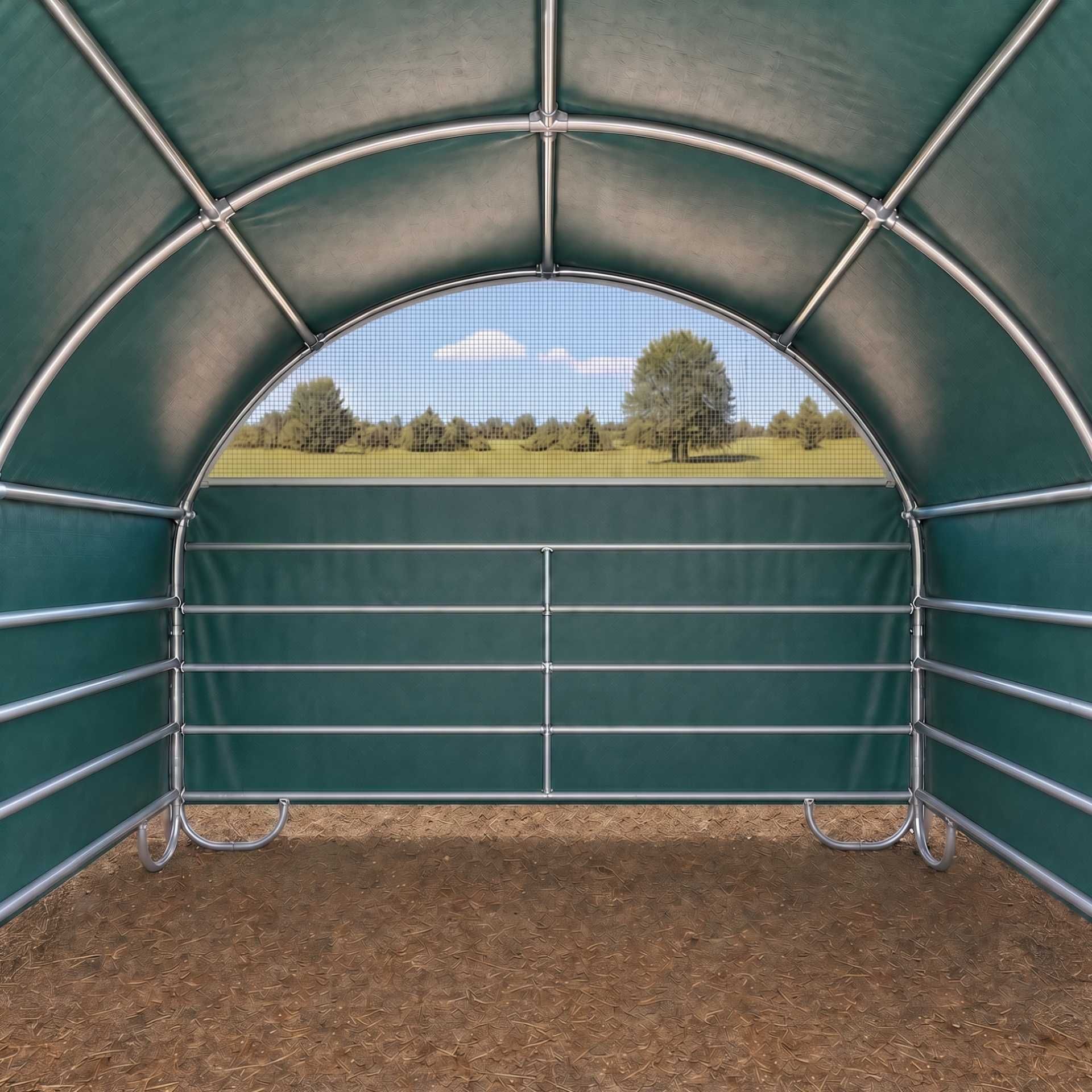 Tunnel, Zäune/Tierpens, Metallrahmen, Grünem Überzug, Innenraum des Stalls, grünes Dach-Bedeckung, Metallrahmen, Bögenüberdachung, Stall/Weidezaun, Außenstruktur