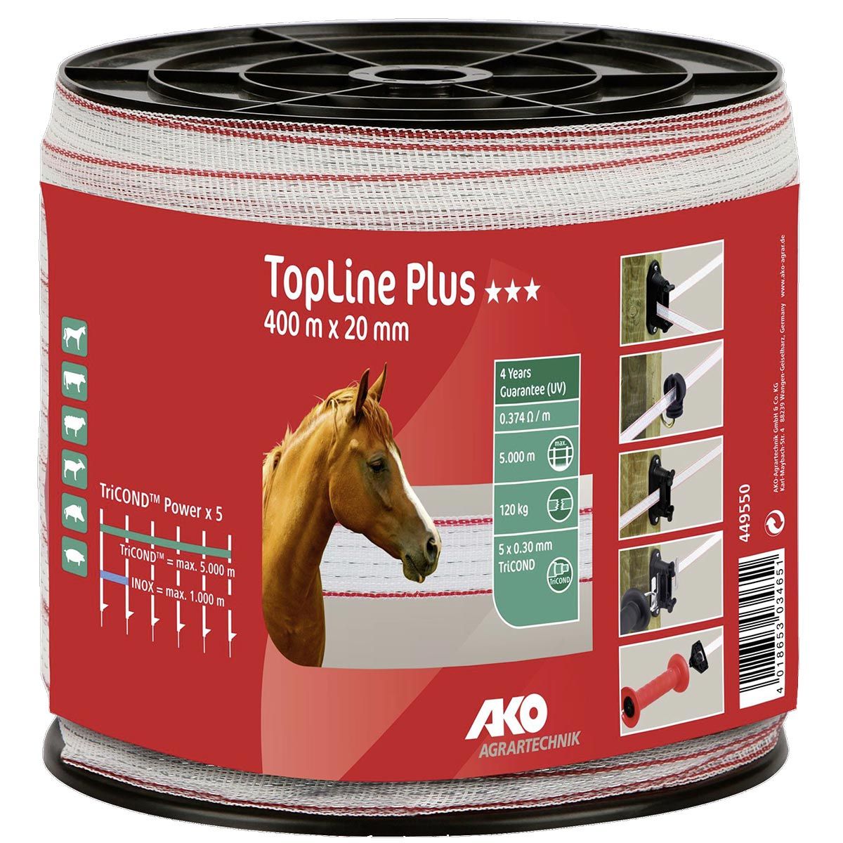 AKO Betesstängselband TopLine Plus 0,30 mm vit/röd 400 m x 20 mm