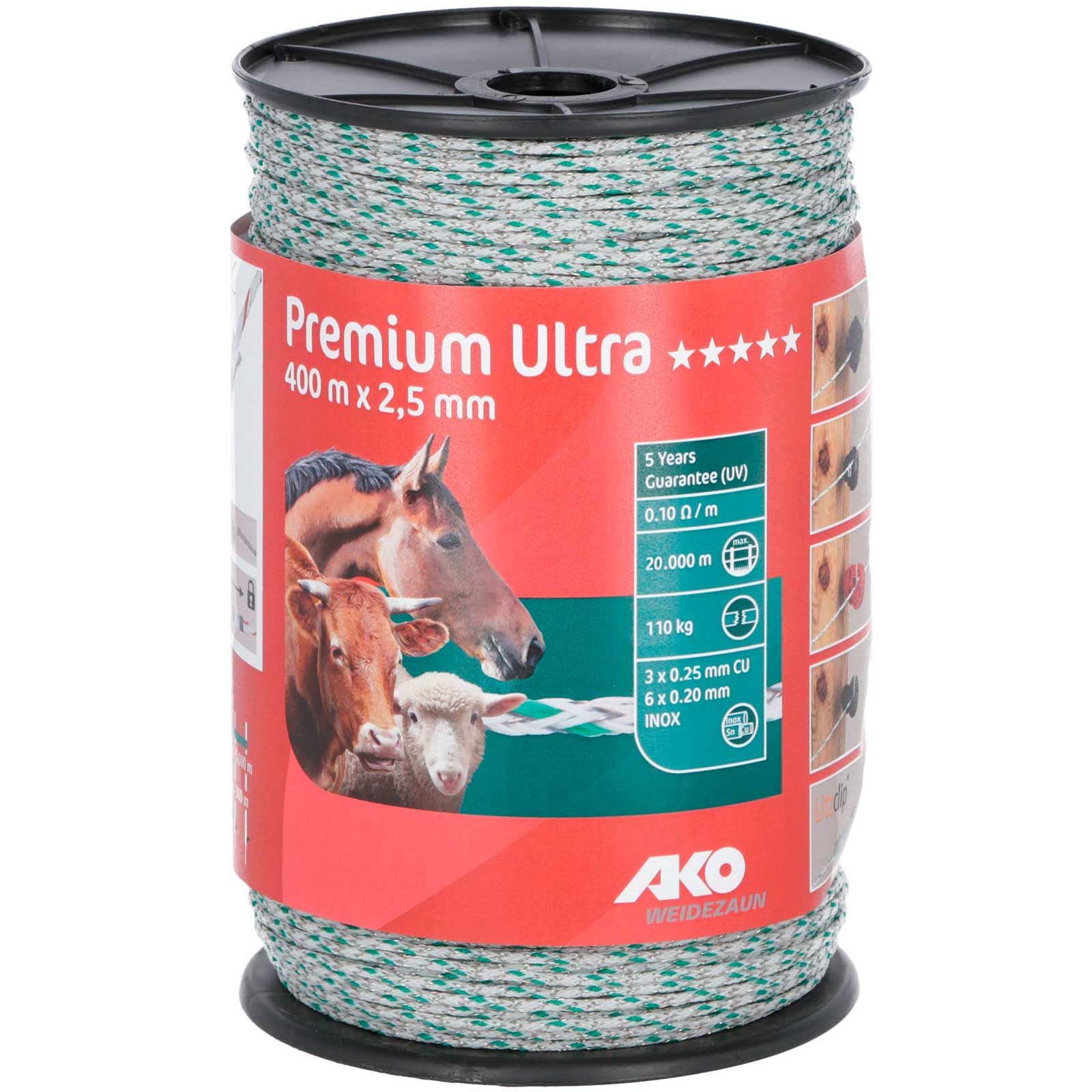 Fil de clôture AKO Premium Ultra, brins acier inox + cuivre, blanc, vert, 400 m
