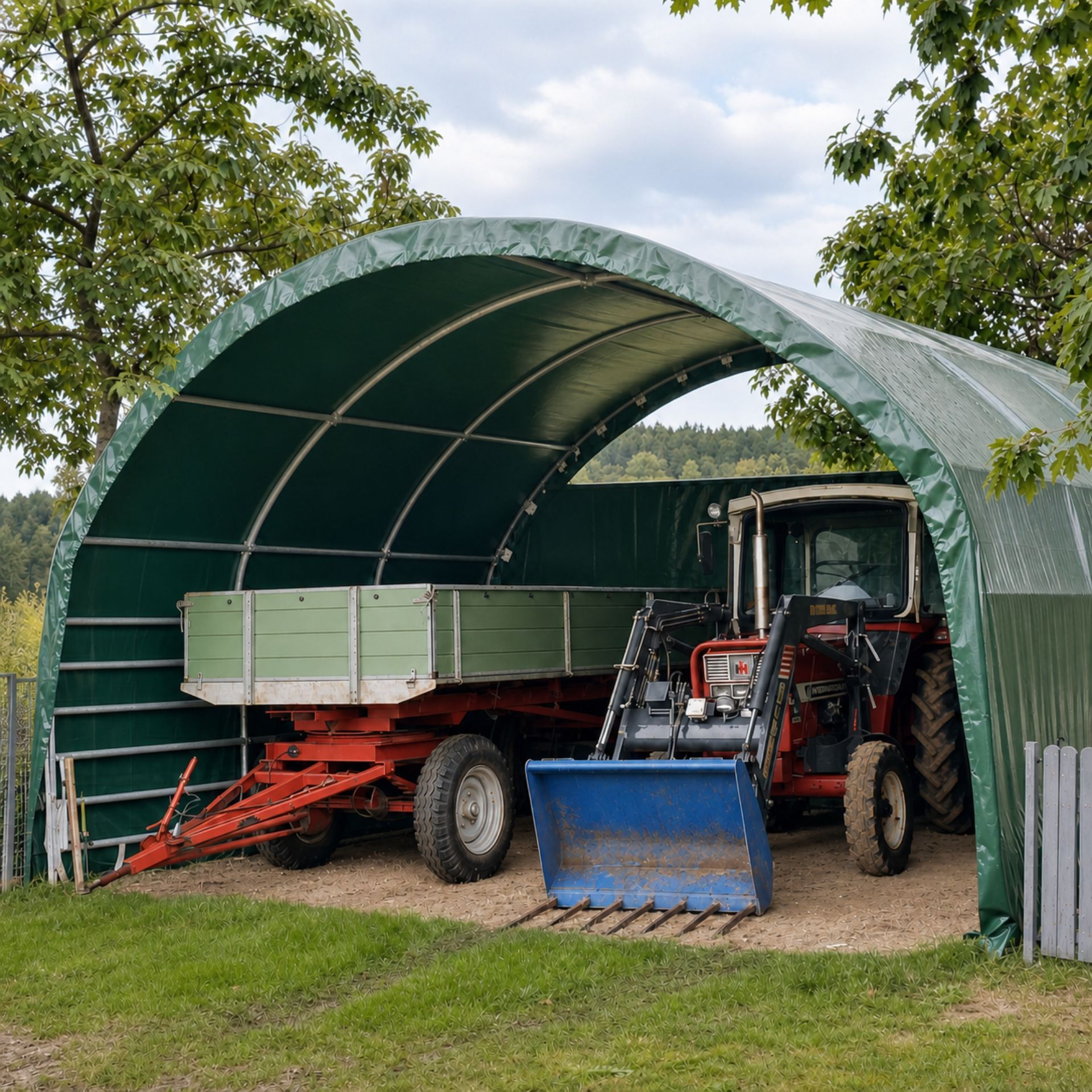 Traktor, Lastwagenanhänger, Trailer, Grünhaus, Lagerzelt, Traktor, Traktor mit Frontlader, Grüner Unterstand, Landwirtschaftliche Ausrüstung, Pflug-Anbaugerät