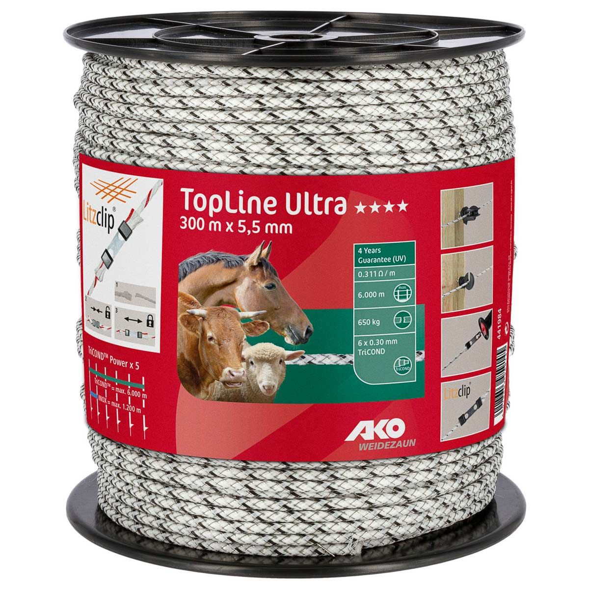 Corde de clôture électrique AKO TopLine Ultra 300m, Ø 5.5mm, 6x0.30 TriCOND, blanc / noir