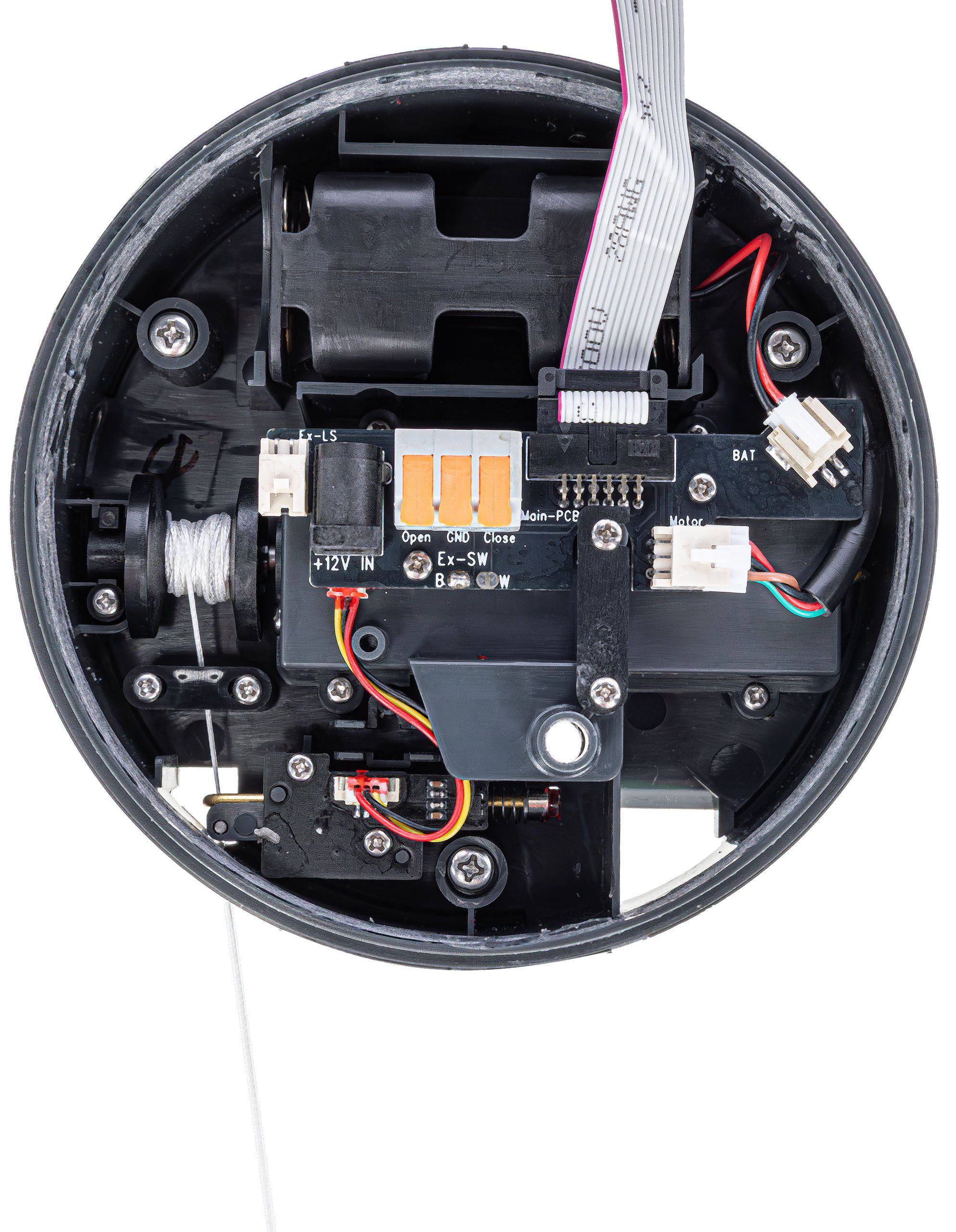 electronic device, circuit board, white ribbon cable, wires, black housing