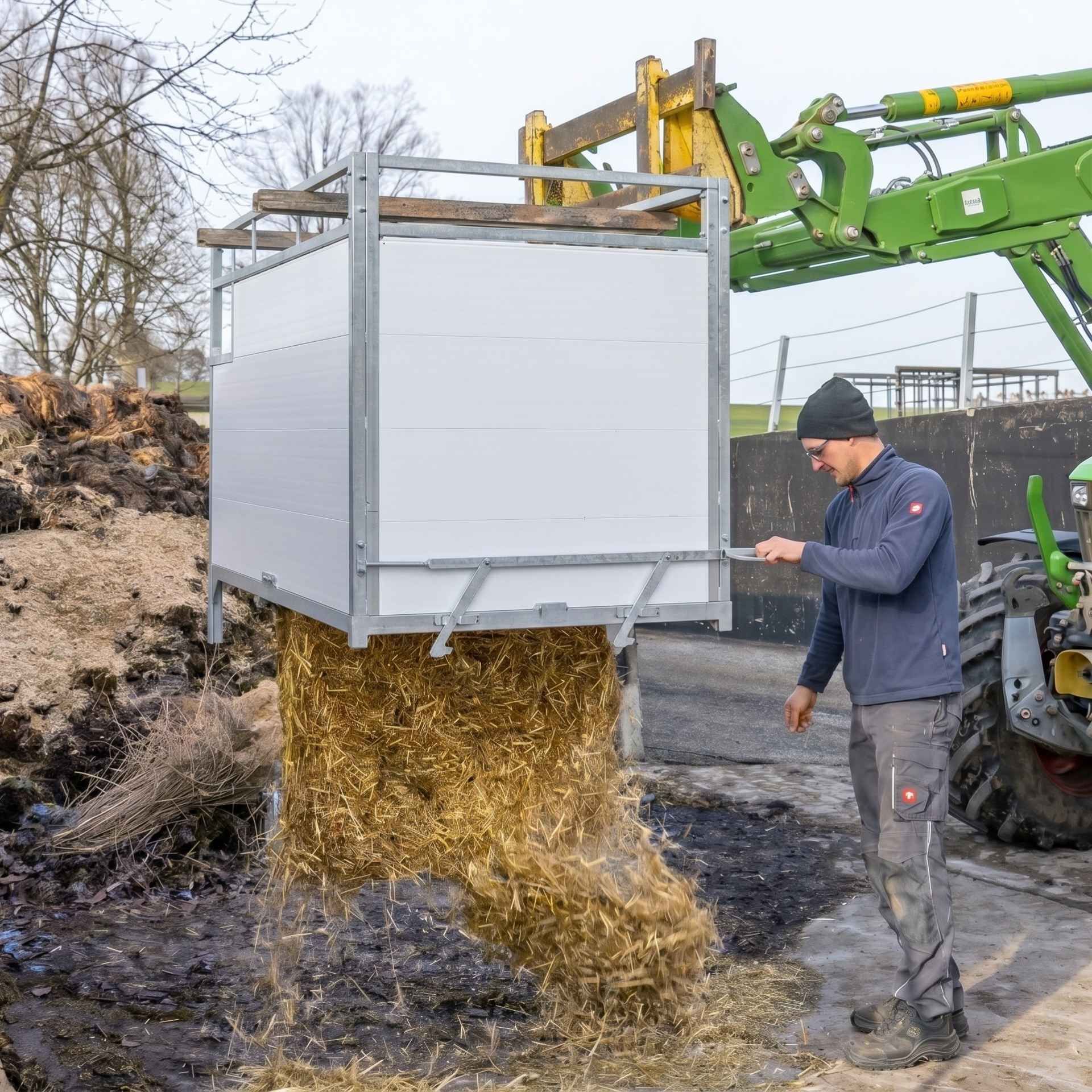 Heu, Strohballen, lose Stroh, Mist, Traktoranbau, Mitarbeiter, Mistentsorgung, Heuballen, Mist, Kippbehälter