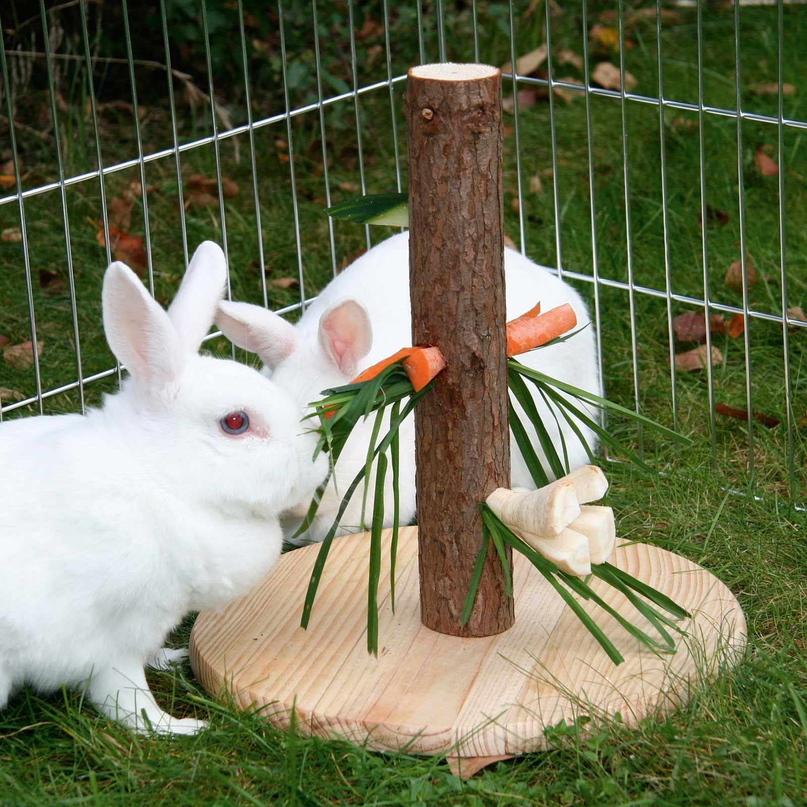 Kerbl Futterbaum NATURE für Kaninchen, Höhe 30 cm, mit 3 Löchern zum Befüllen, im Einsatz