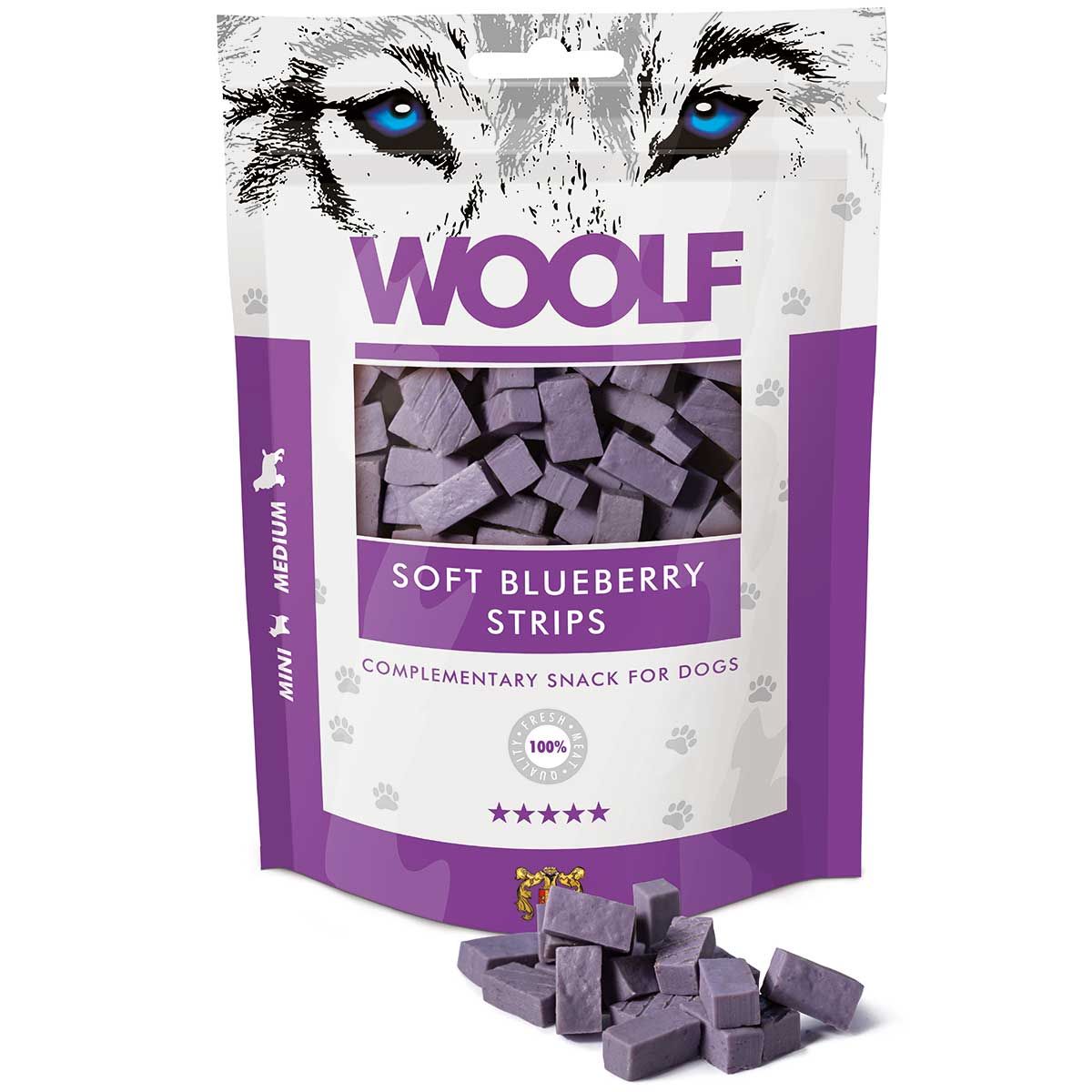 Woolf hundgodis mjuka blåbärs strimlor, förpackning