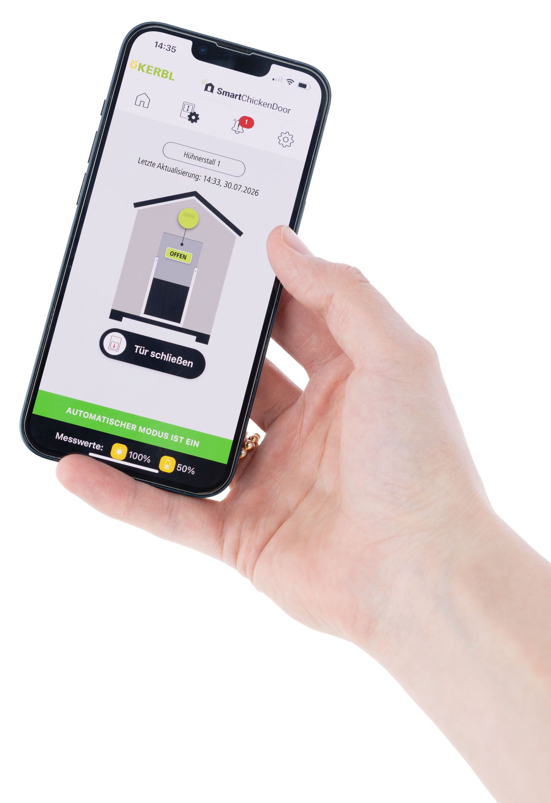 Kerbl Centralina porta automatica pollaio WiFi Duo Smart, in uso, in mano