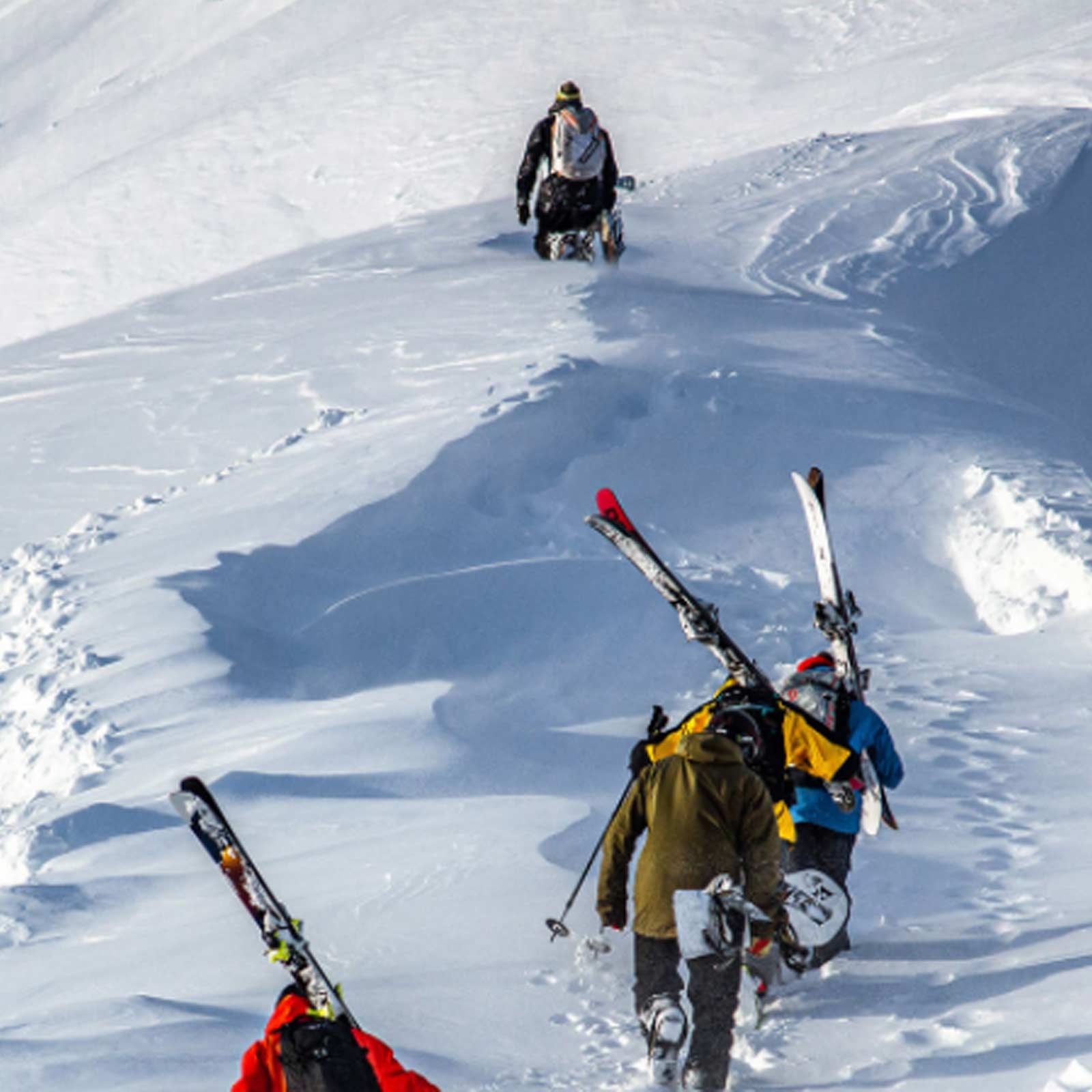 Groupe avec skis et snowboards gravissant une pente dans la neige profonde