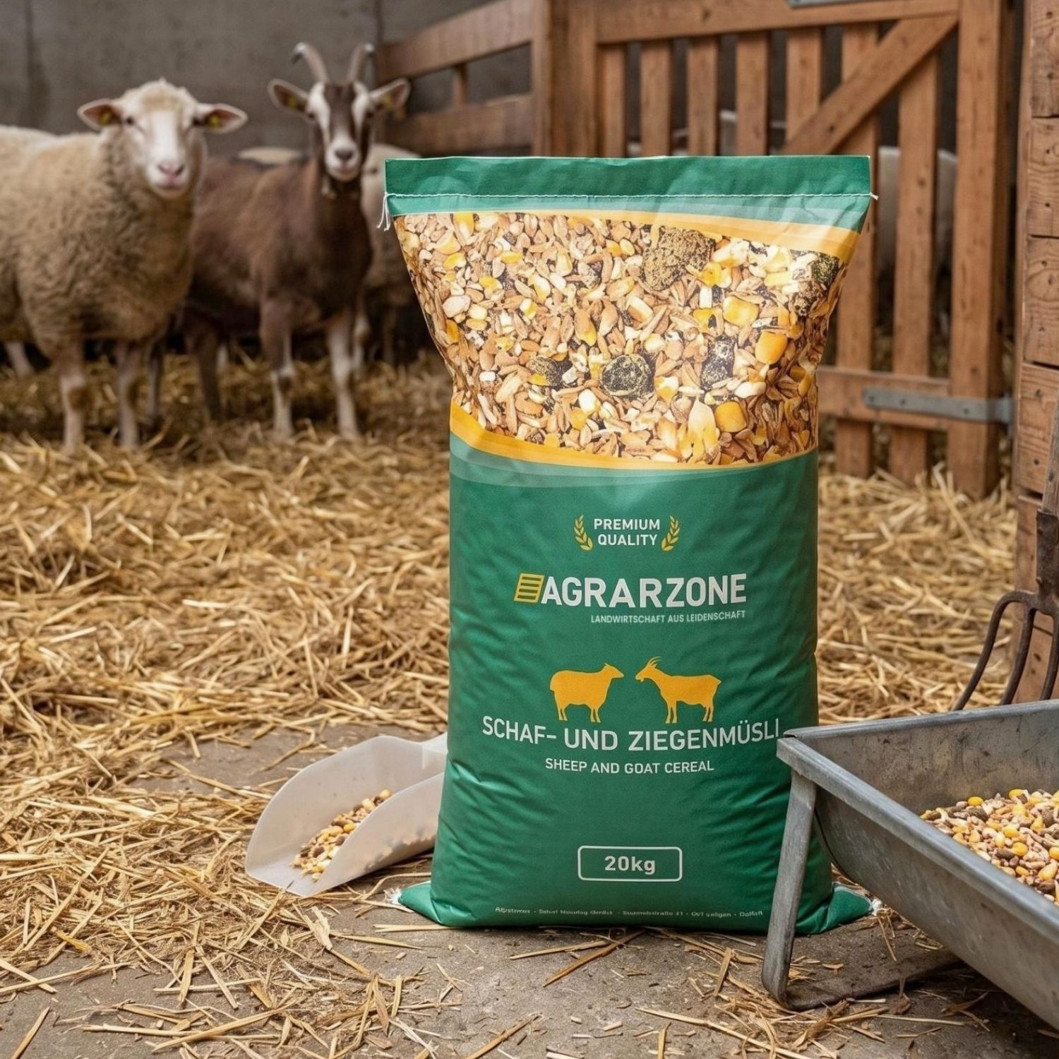 Open sack of sheep and goat muesli in front of a sheep and a goat at the barn gate
