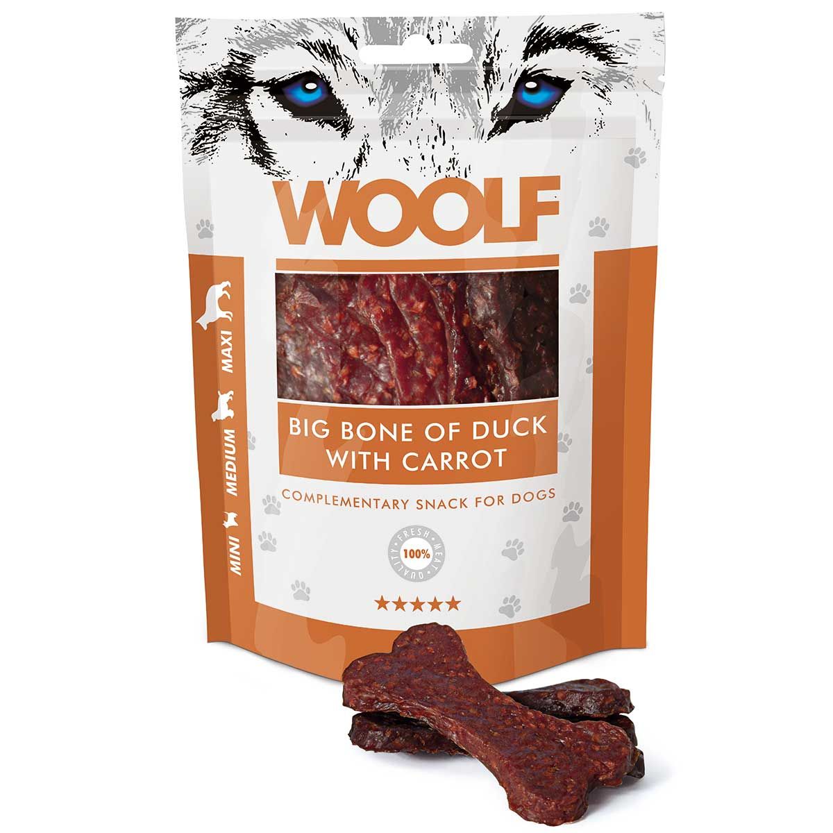 Woolf friandises pour chiens grands os avec canard et carottes, emballage