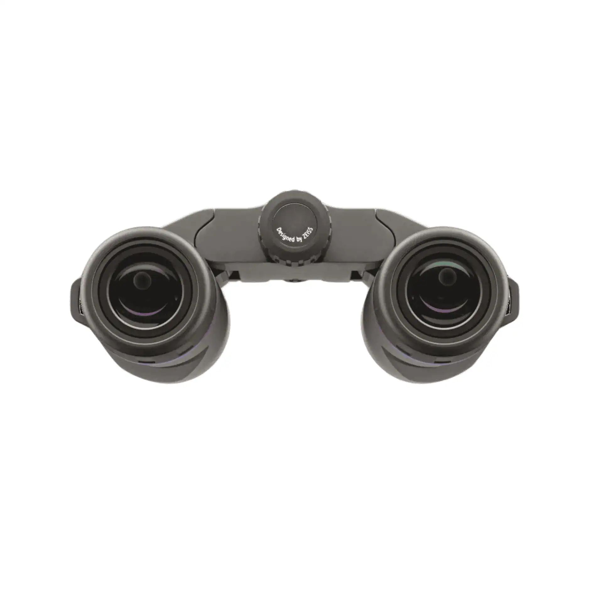 Front view of binoculars with two eyepieces and central focus wheel, dark body