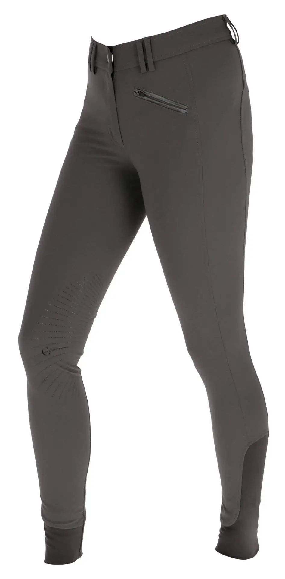 Dark grey riding trousers with zip pockets and knee patches