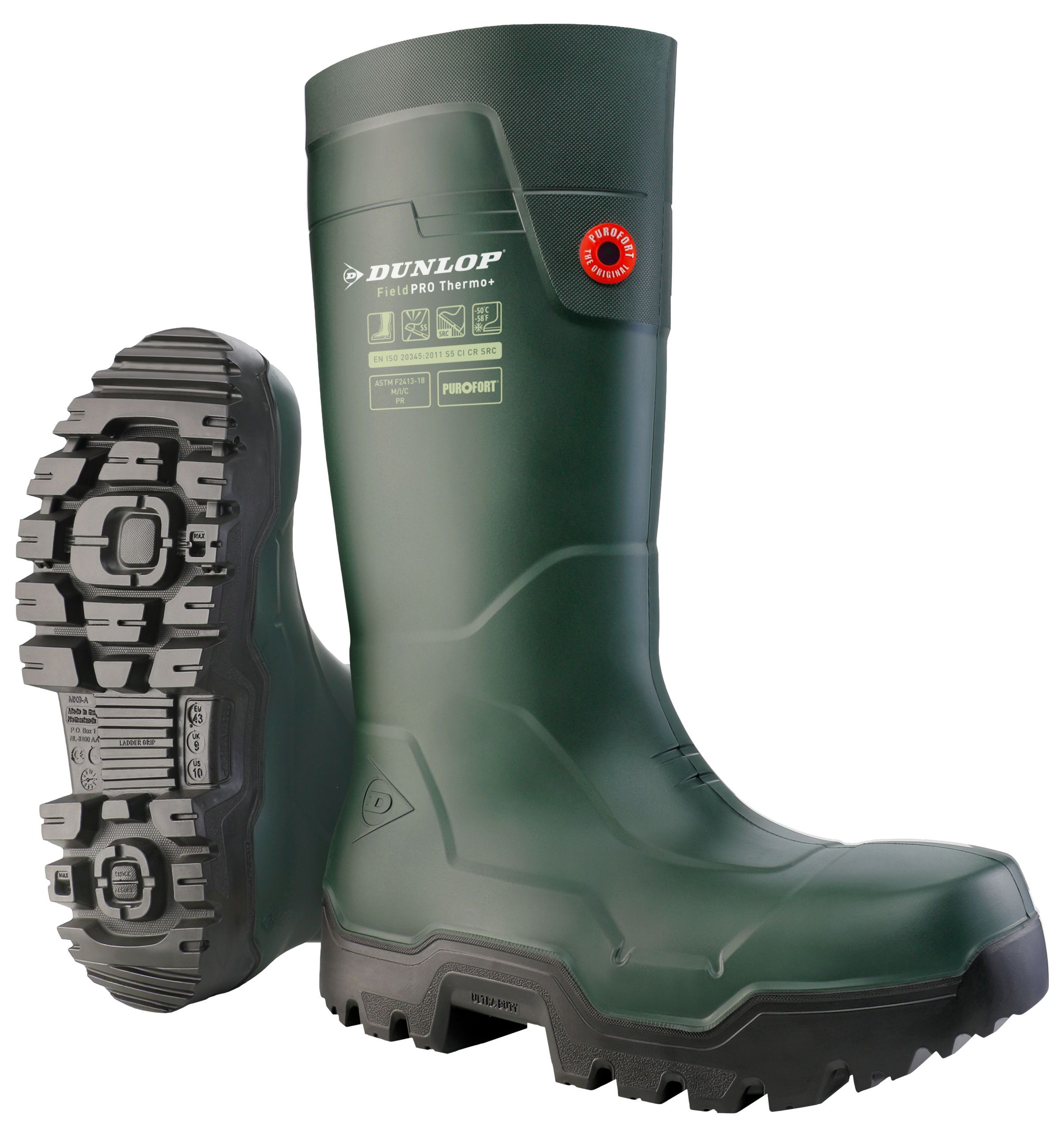 rubber boot, green boot, tall boot, tracks outsole, field boot