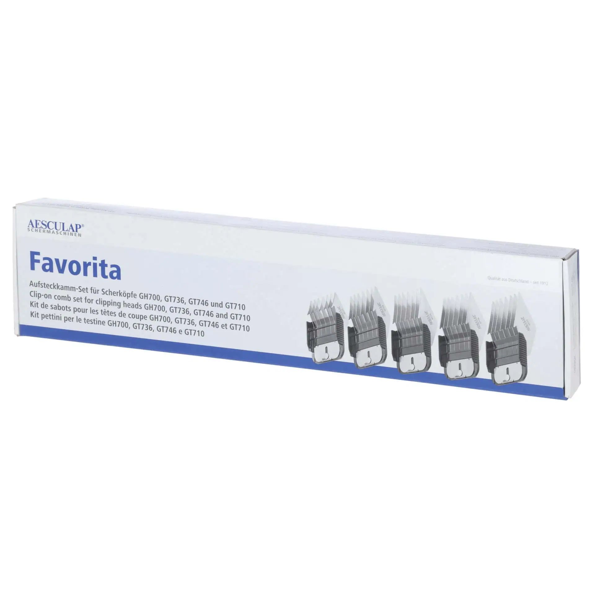 Aesculap Favorita Attachment Comb Set, 5-Piece for GH700, GT736, GT746, GT710, packaging