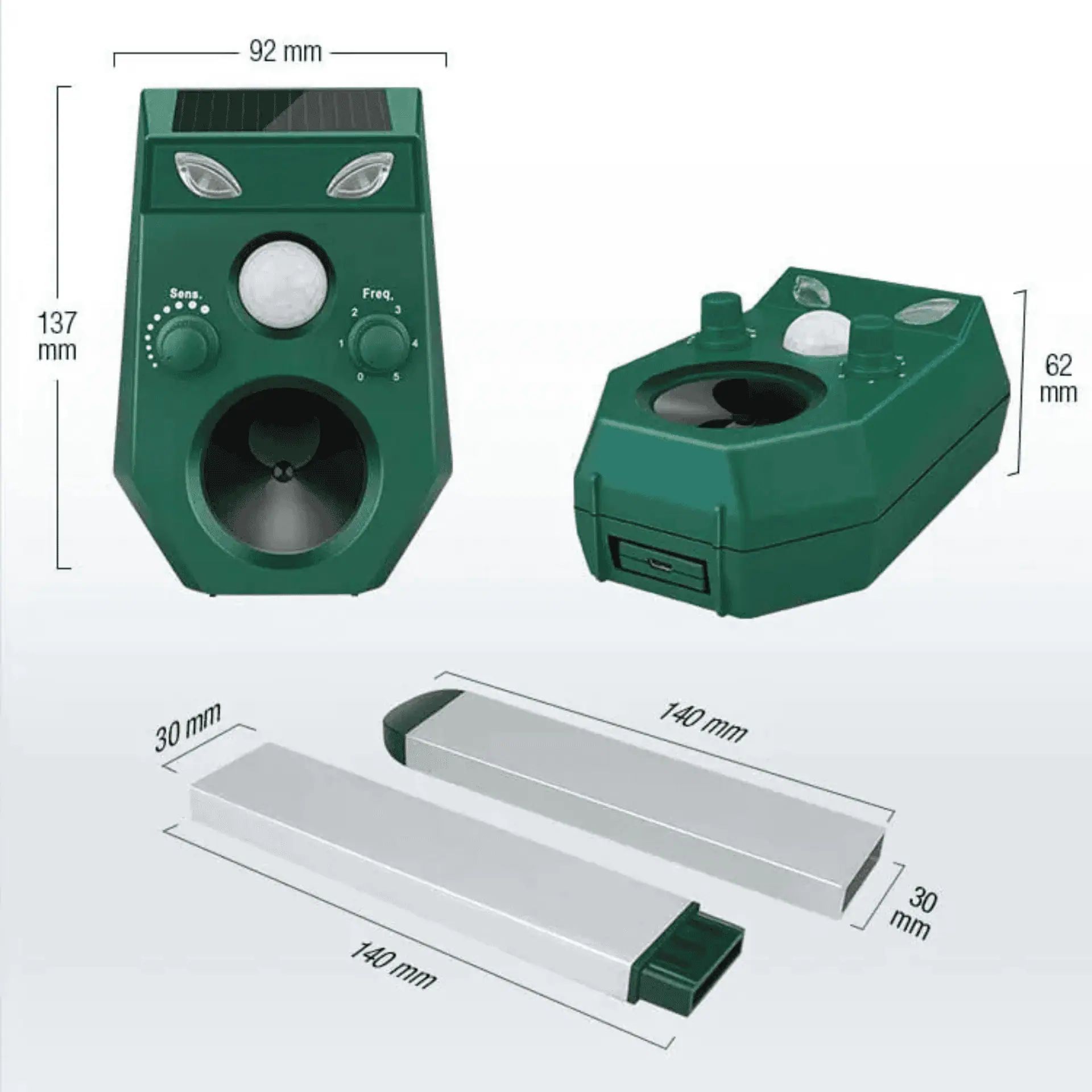 Agrarzone Repellente ad ultrasuoni solare, IPX4, portata 8 m, disegno quotato