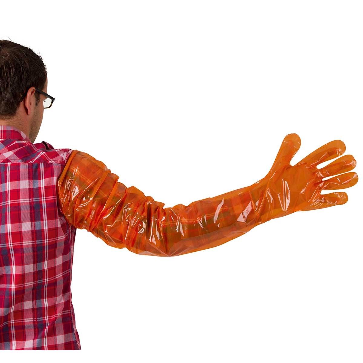 Kerbl VETbasic Disposable Gloves 90 cm Orange, 100 pcs, in use, held in hand