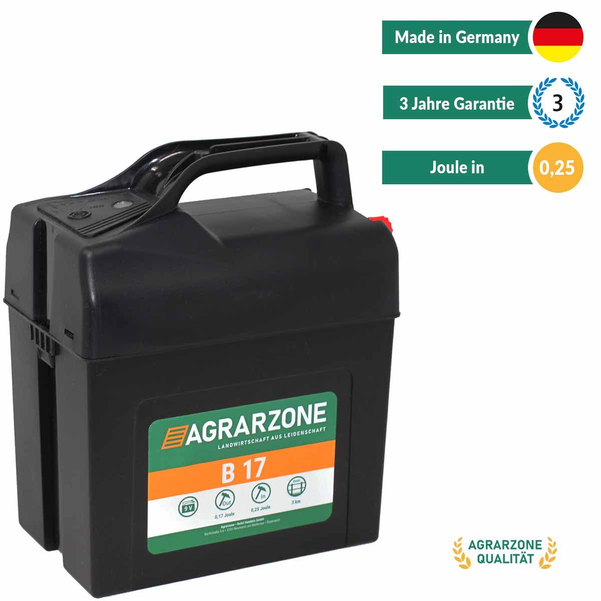 Agrarzone B17 electric fence energiser 9V, 0,25 joule, infographic