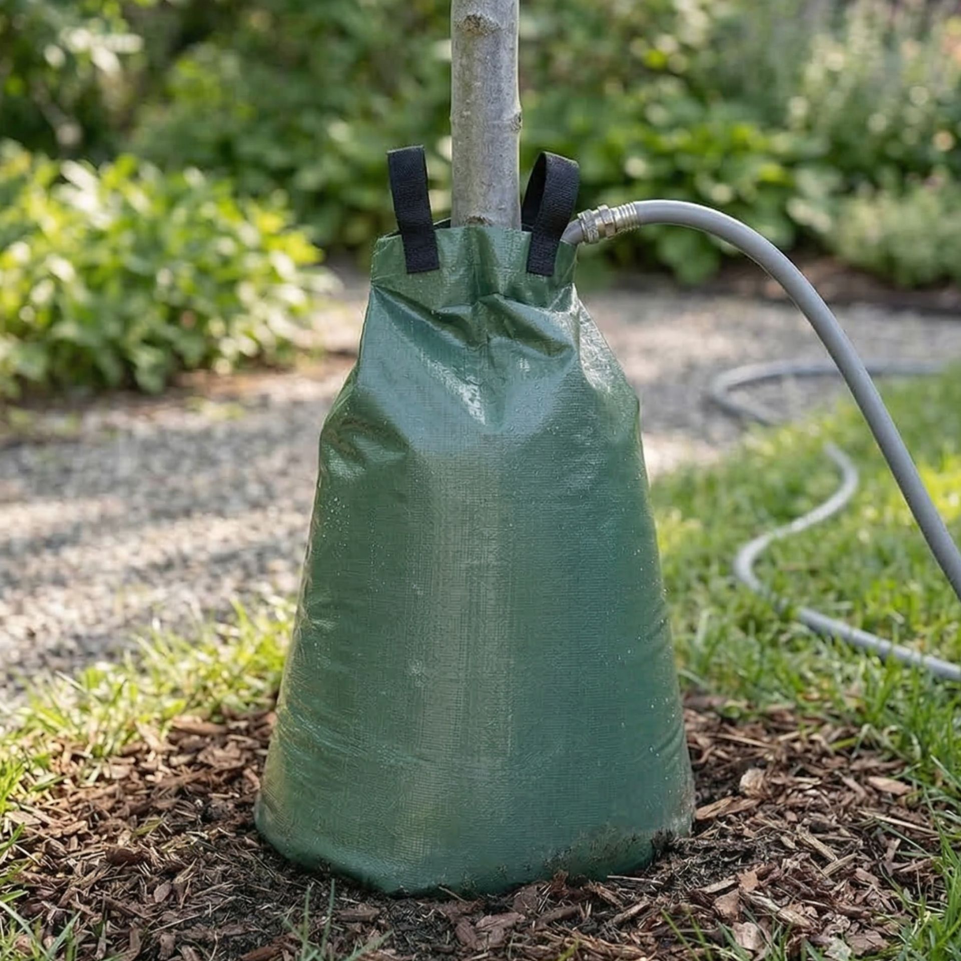 Sac d'irrigation vert sur un tronc, avec tuyau d'arrosage raccordé
