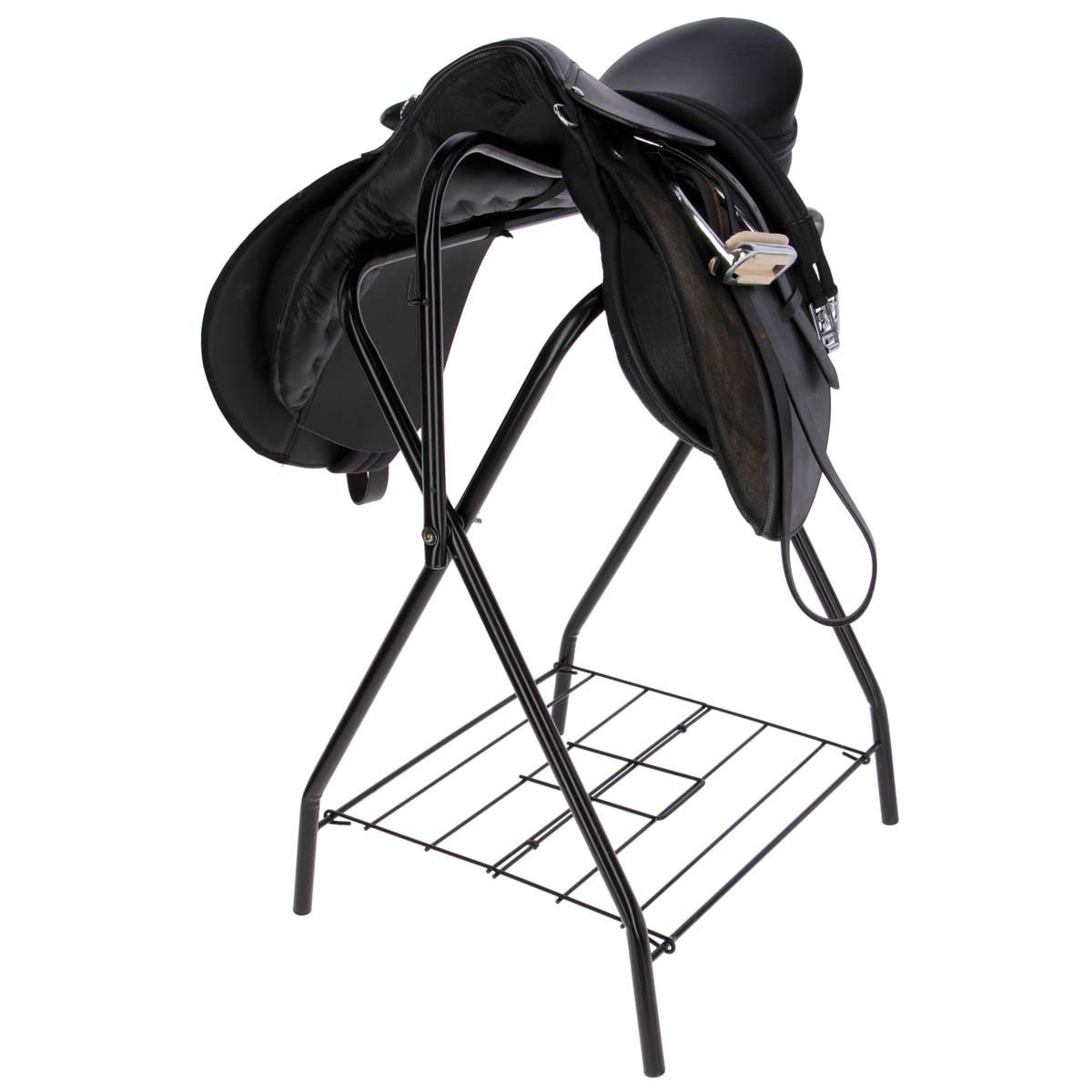 Kerbl Foldable Saddle Stand Black with Bridle Rack, in use