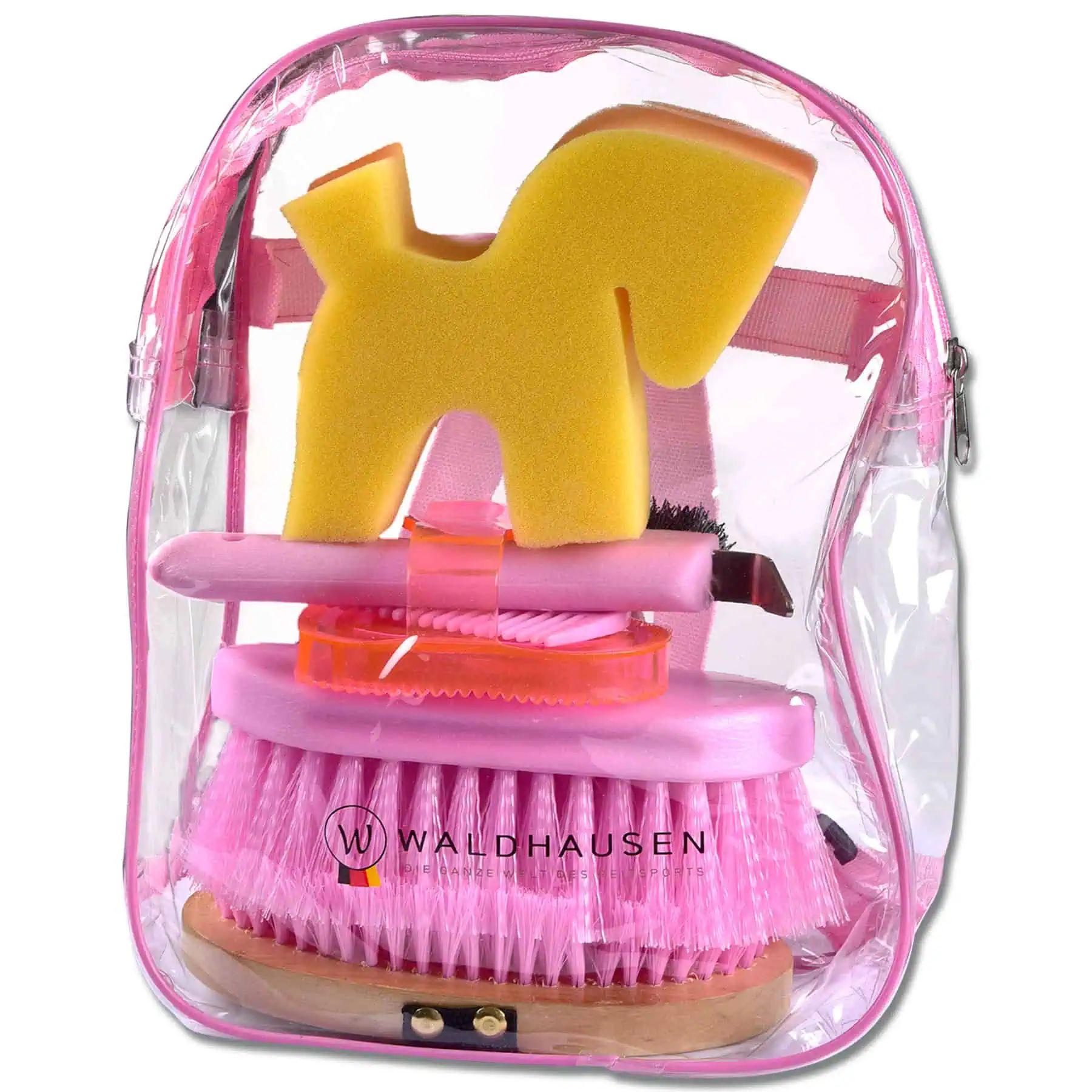 Kit de pansage Waldhausen en sac à dos, 6 pièces – design transparent, rose