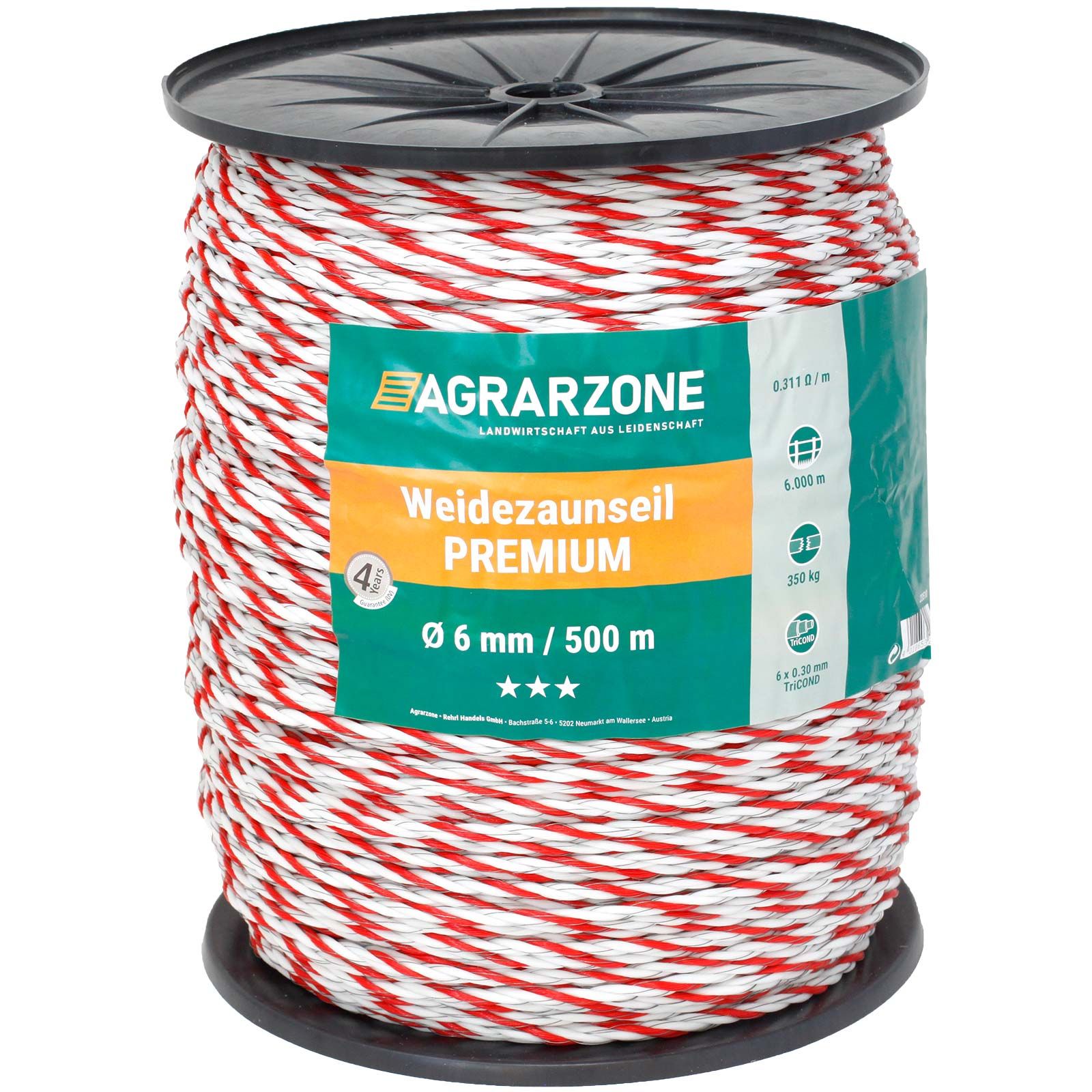 Corde de clôture électrique Agrarzone PREMIUM Ø 6mm, 0.30 TriCOND, blanc-rouge 500 m x 6 mm