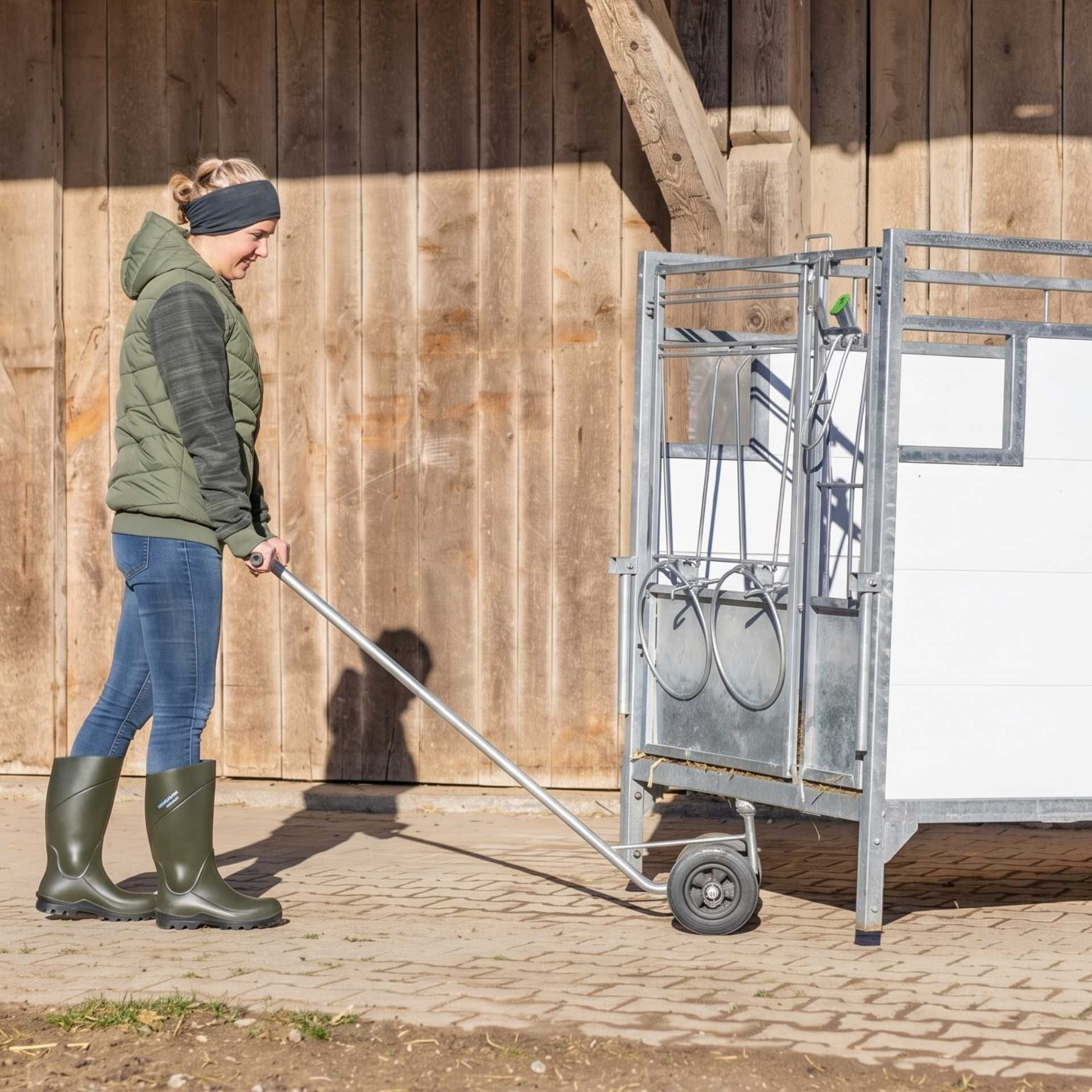 Jacke, Pufferweste, Stiefel, Karren, Zäune/Stall