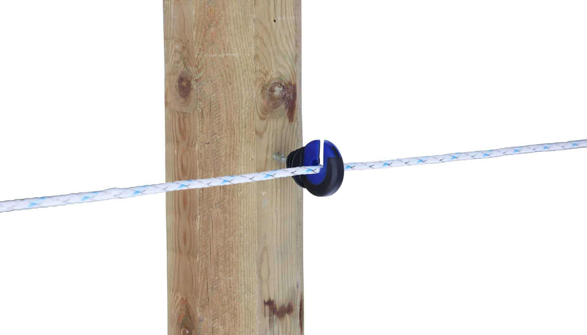 AKO Ringisolator 2K EDX 2-farbig, mit durchgehender verzinkter Stütze, im Einsatz, Pfahl