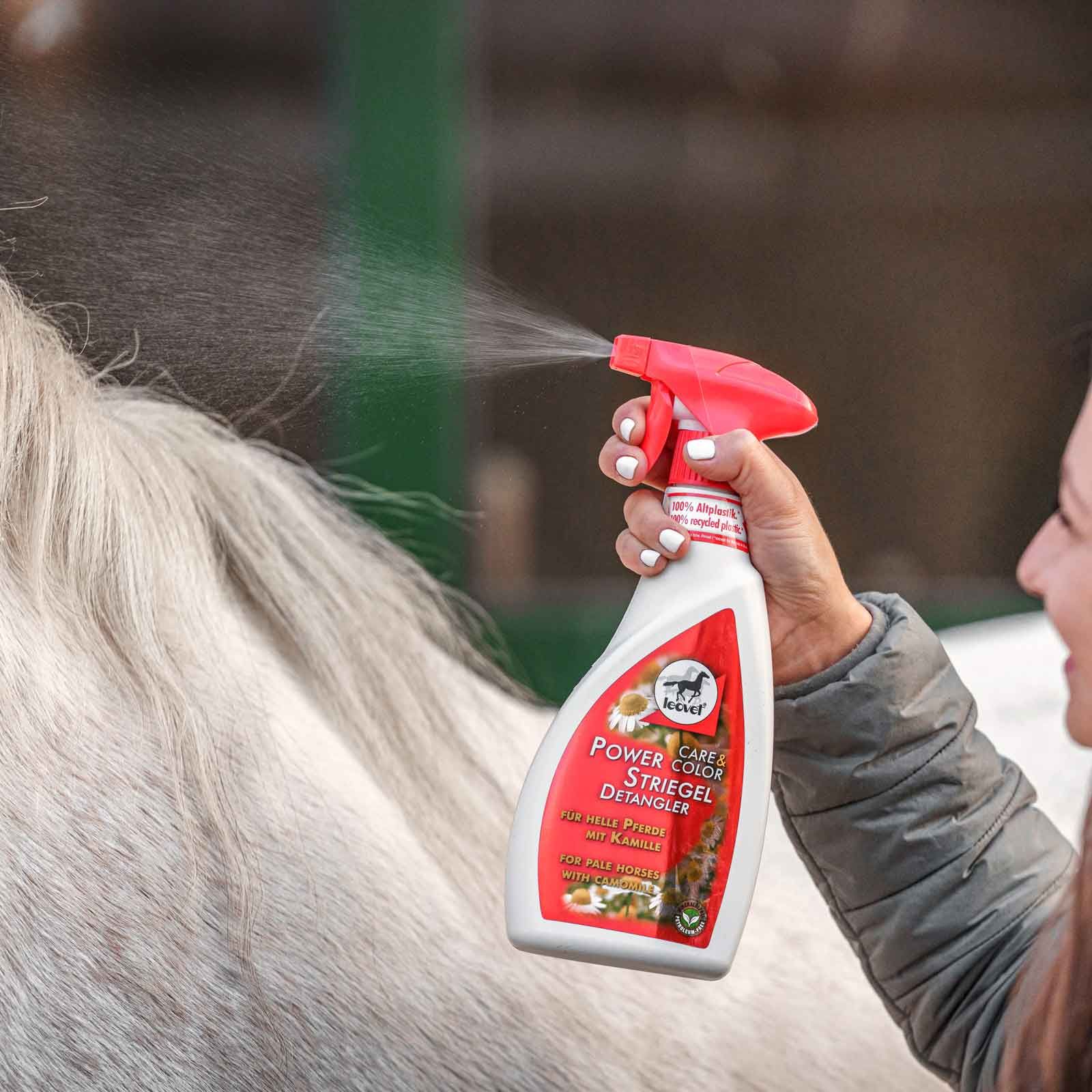 leovet Power Detangler Chamomile Mane Spray, 550 ml, for Light Horses, in use, in the stable