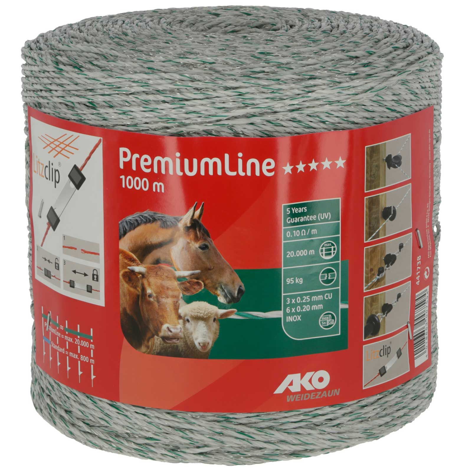 Ako Weidezaunlitze PremiumLine 1000m, 6x0.20 Niro + 3x0.25 kupfer weiß-grün