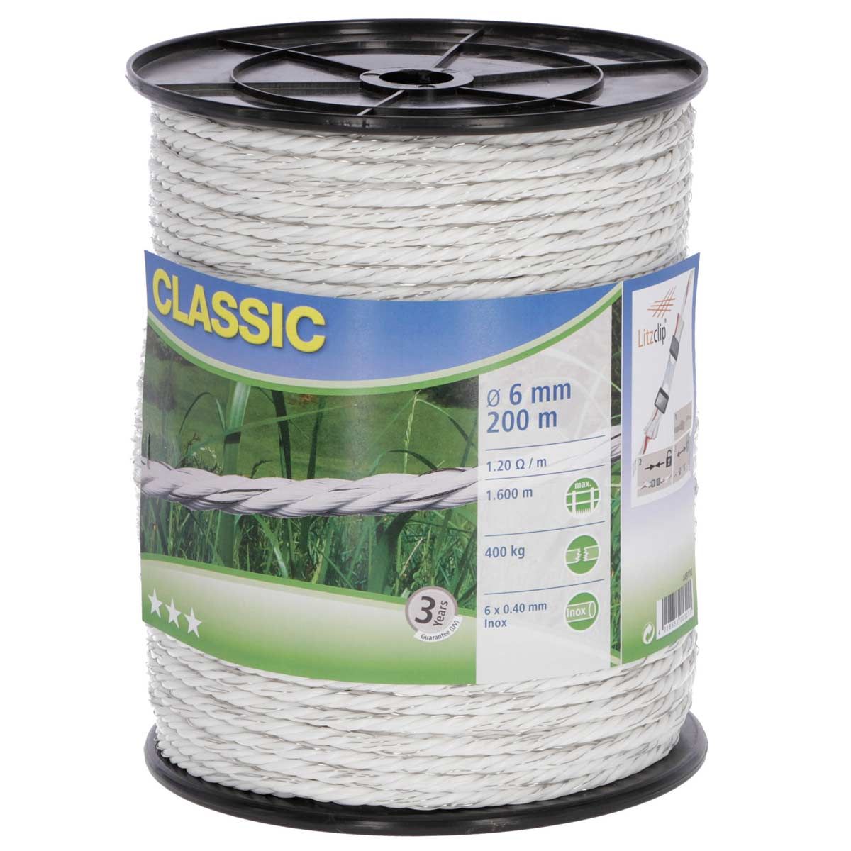 Kerbl Weidezaunseil Classic 200m, 6mm, 6x0.40 Niro, weiß