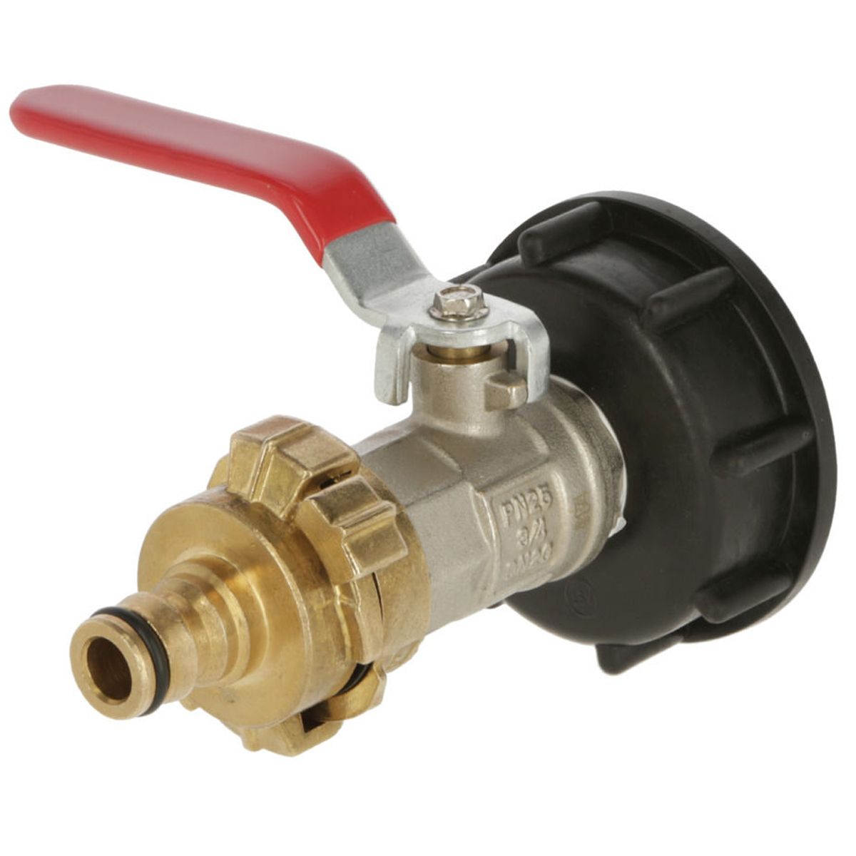 Anschlusshahn für IBC-Container mit 3/4“ GeKA-Kupplung und Schnellkupplung