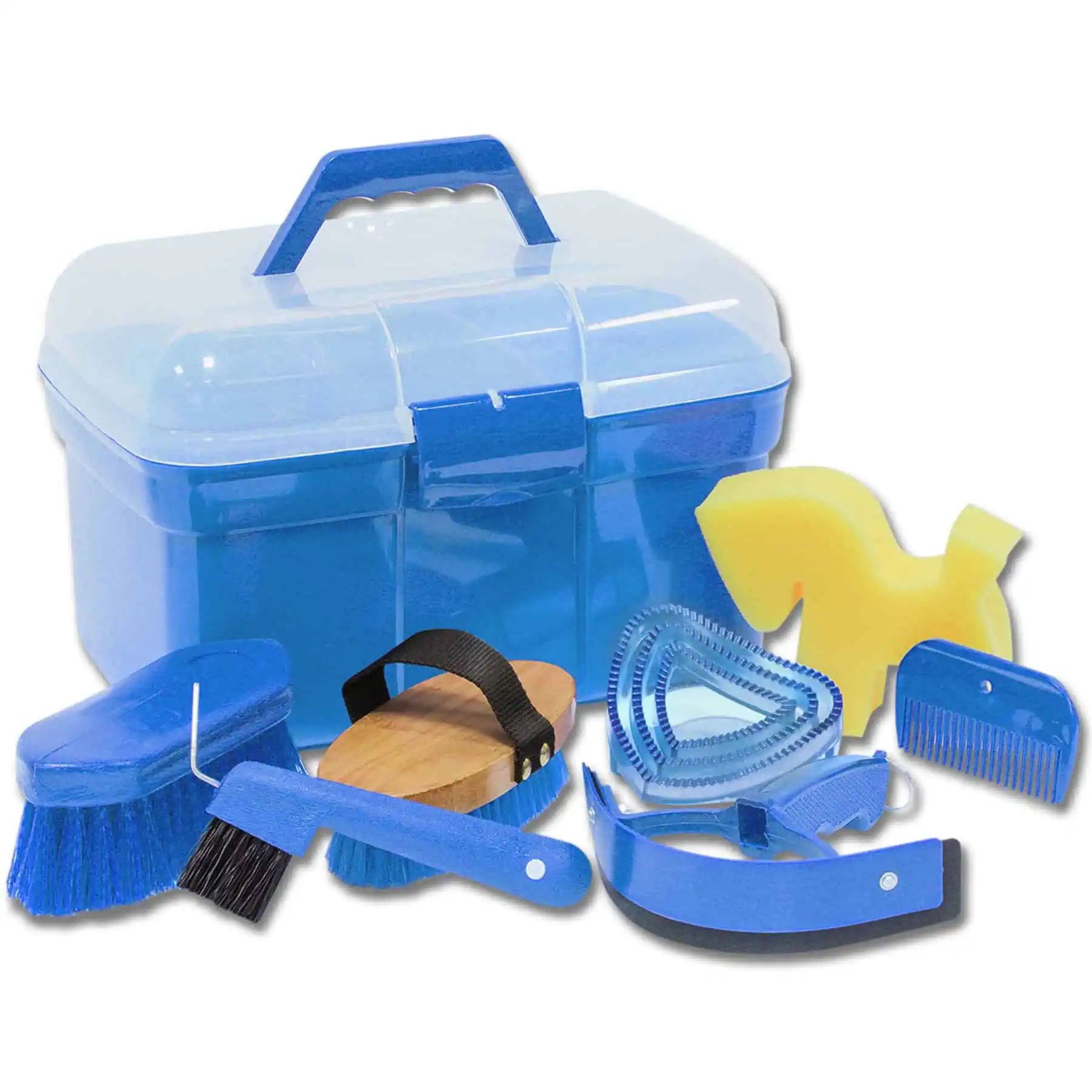 Waldhausen Coffret de pansage complet pour cheval avec poignée, bleu azur