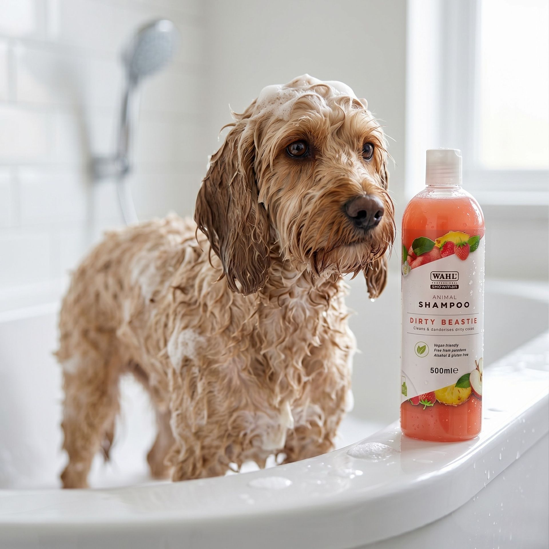 hundeshampoo, shampoo-flasche, nasser Hund, haustierpflege, badienprodukt