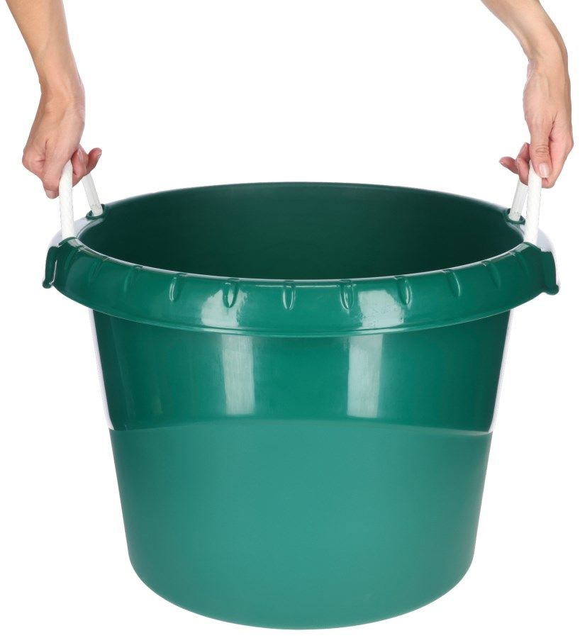plastic bucket, green bucket, pail, carrying handle, folding top rim