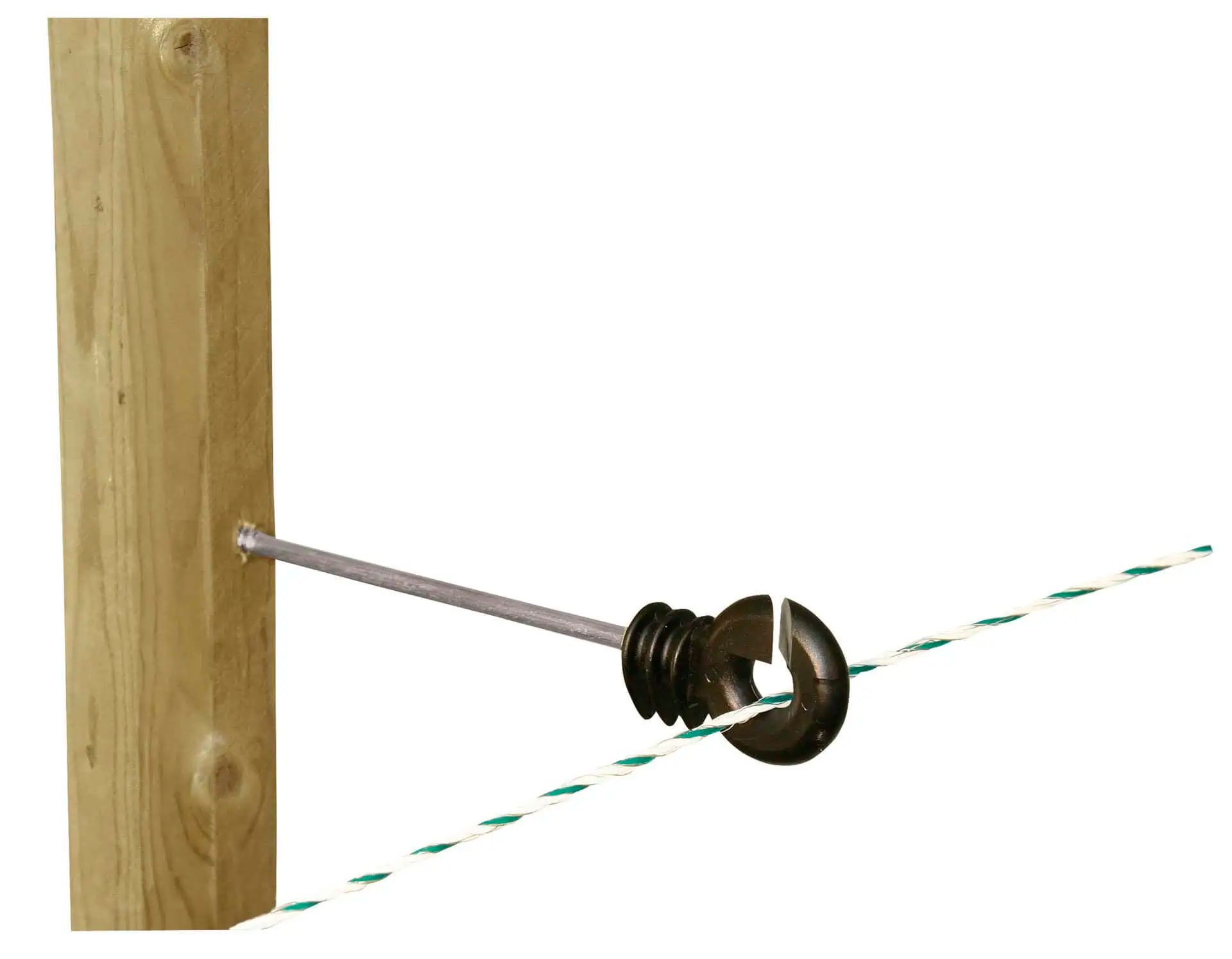 10x Agrarzone Ringisolator med lång stödarm 22 cm för elstängsel, i användning, stolpe