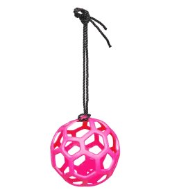 Pinker Ball mit vielen Löchern, an schwarzer Kordel zum Aufhängen