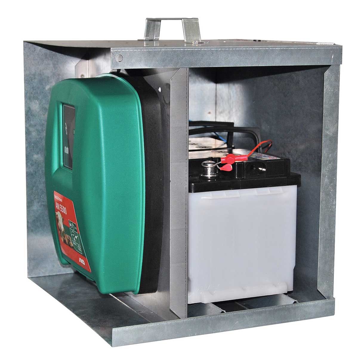 Boîtier métallique de batterie avec toit AKO pour parc électrique 12V, contenu de la livraison