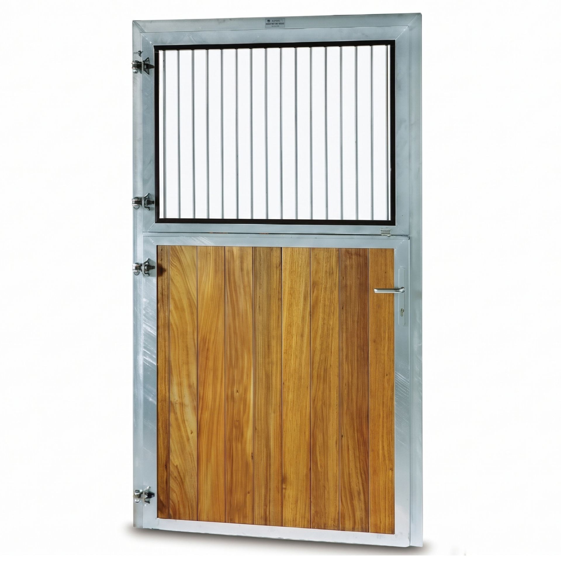 stabiles Tür, Holzpaneel, Metallrahmen, Gitterfenster, Stalltür