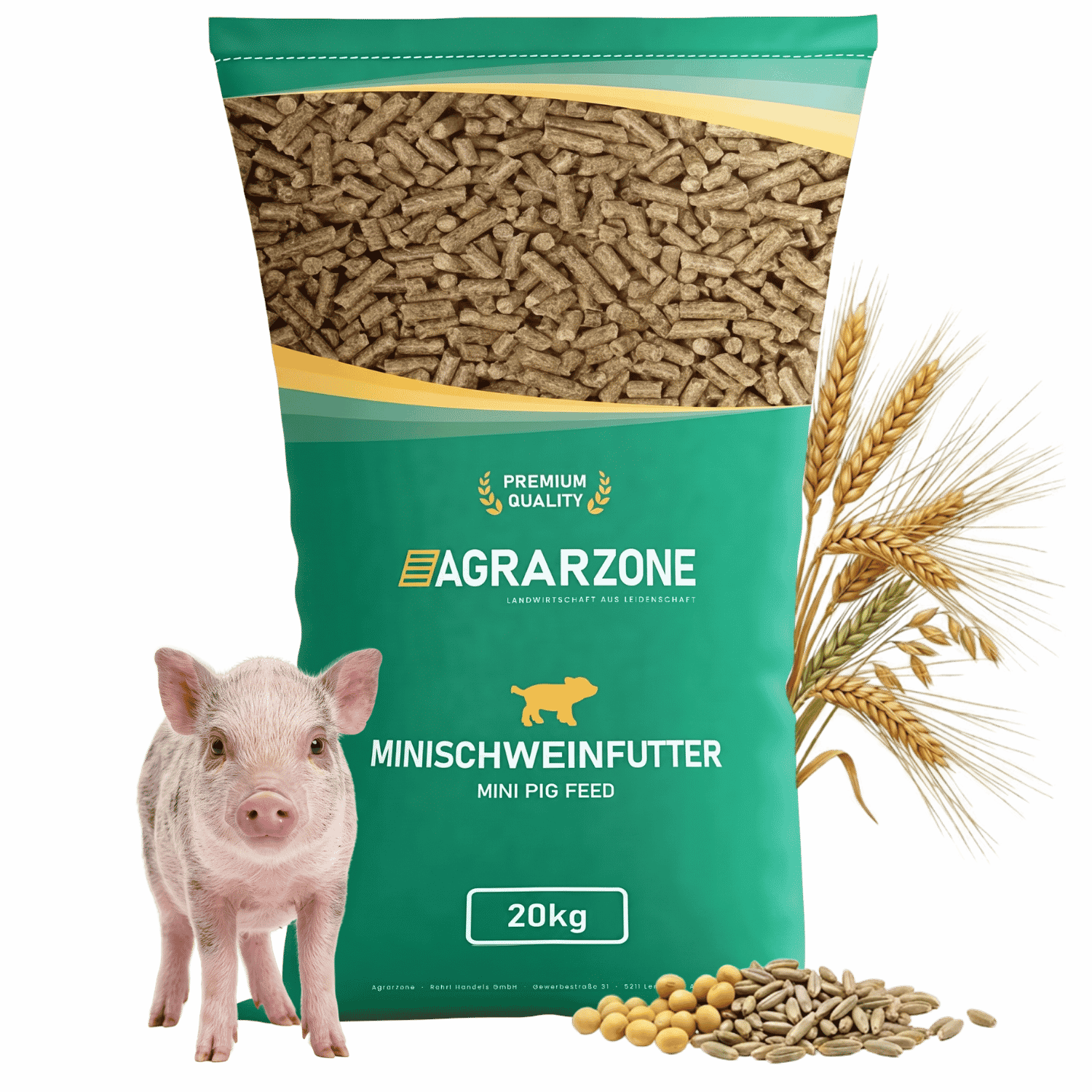 Pellet Agrarzone per maialini nani in sacco da 20 kg con maialino, spighe di grano e cereali