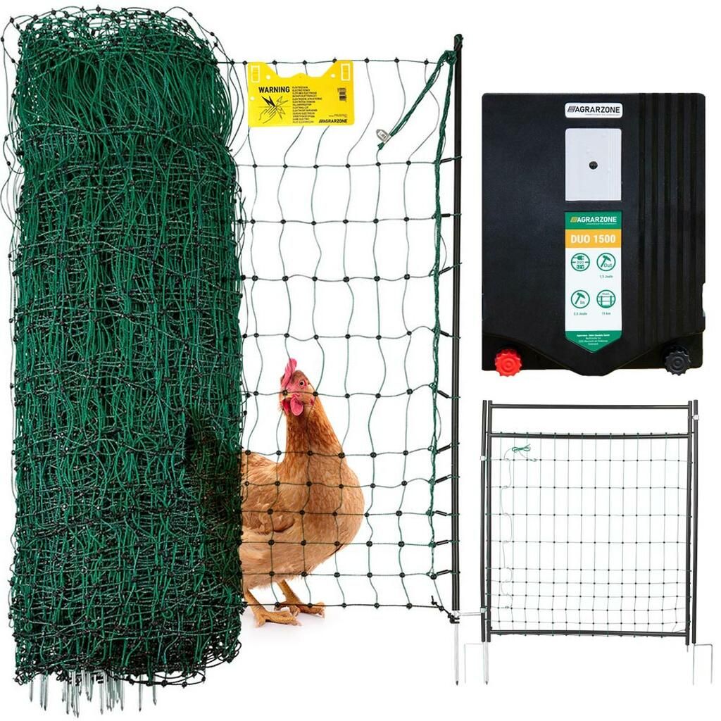 Agrarzone poultry fence set DUO 1500 12V/230V, 2J, net 50m x 112cm, with door, green, what's included