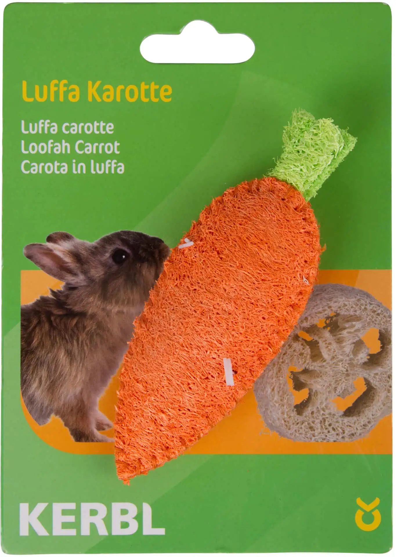 Kerbl Karotte aus Luffa für Nager, 10 cm Kauspielzeug, Verpackung