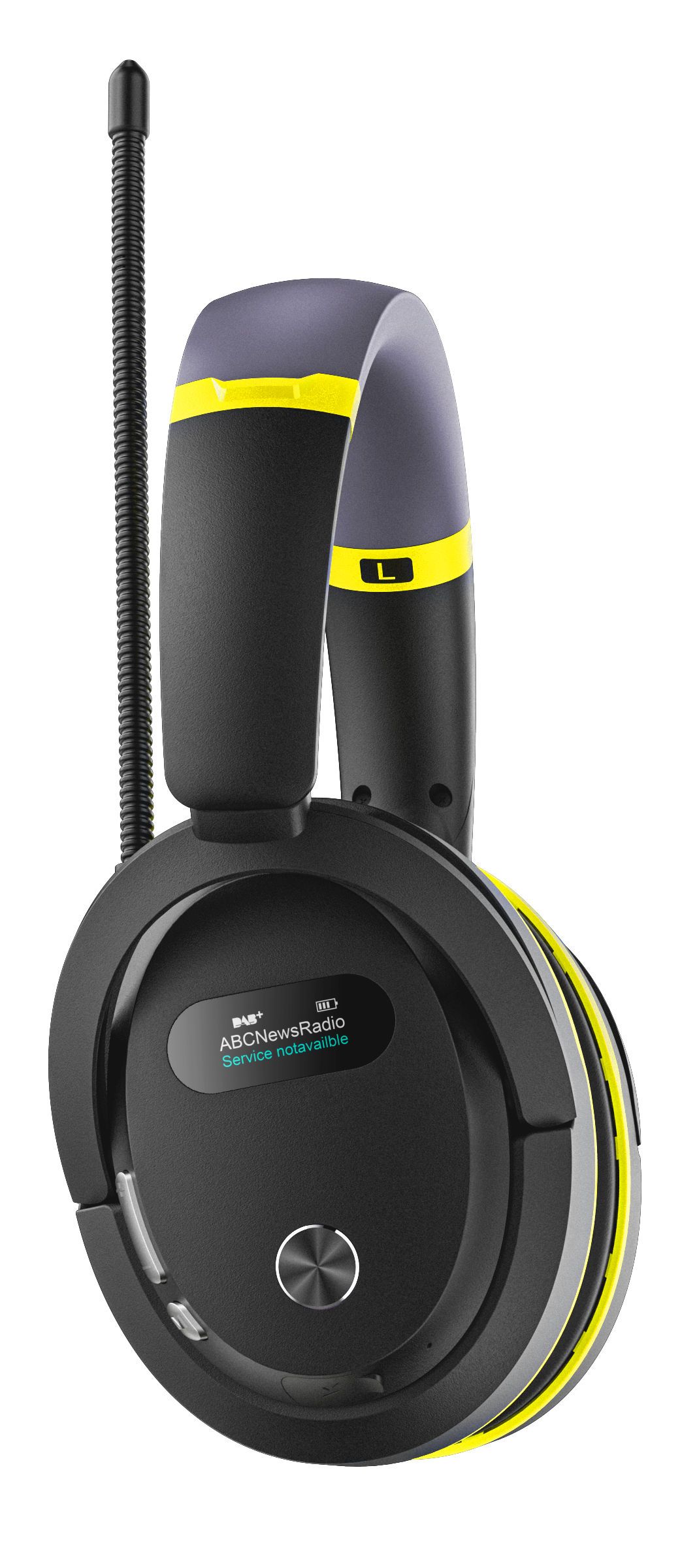over-ear headphones, wireless, yellow accents, folding headband?, coiled mic?