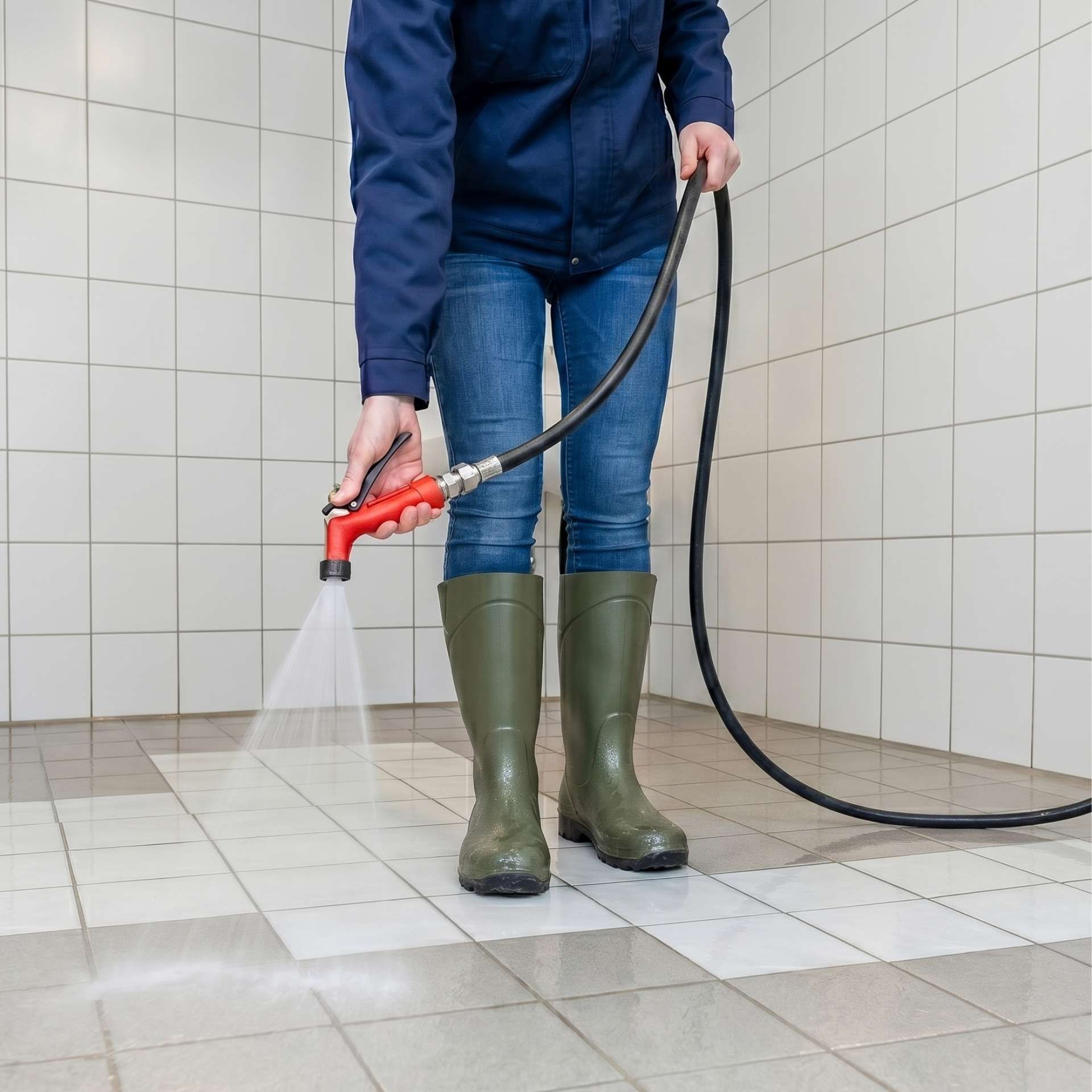 Druckreiniger, Schlauch, Gummistiefel, Jeans, Arbeitskleidung