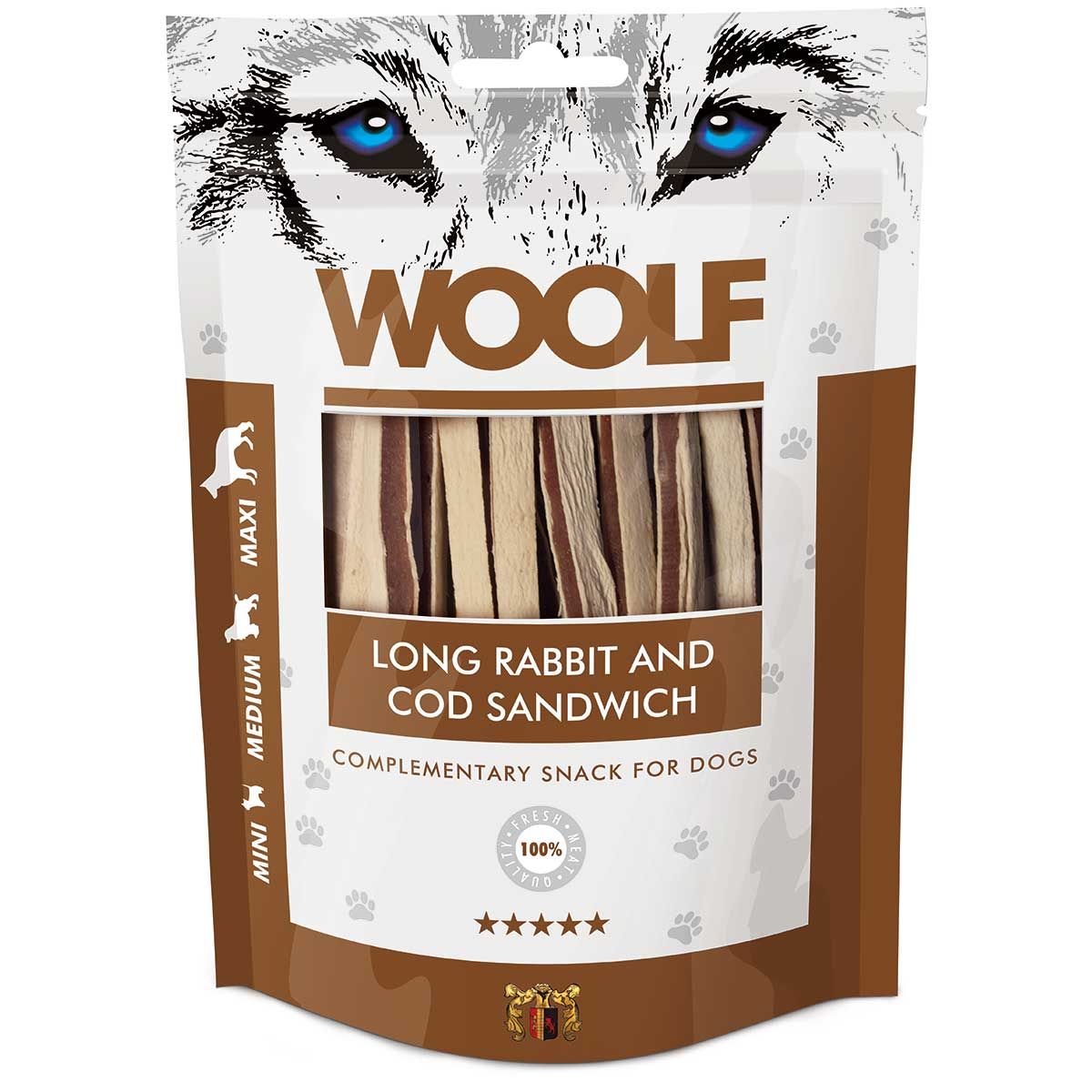 Woolf Hundeleckerli Kaninchen & Kabeljau Sandwich, Verpackung