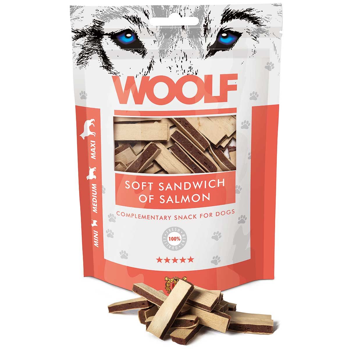 Woolf Dog Treat Sandwich morbido con salmone, confezione