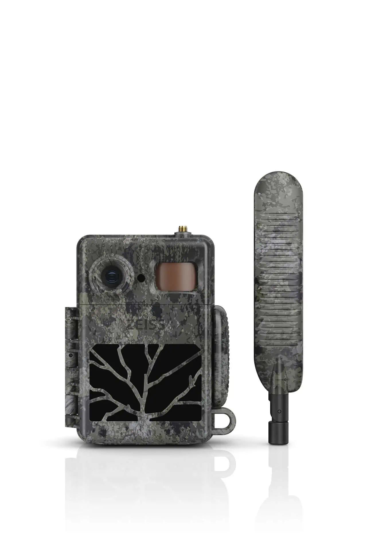 Tarnfarbene Wildkamera mit Baummotiv und separater Antenne, Aufschrift Zeiss
