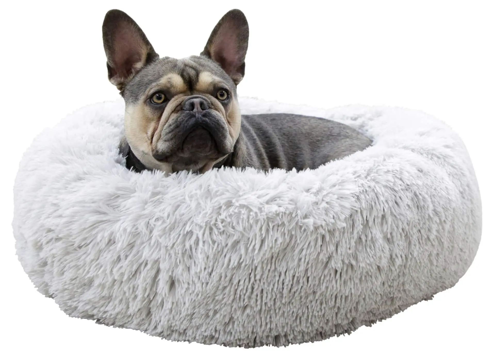 Kerbl Gosig säng Fluffy för hund & katt, munkform, ljusgrå, i användning