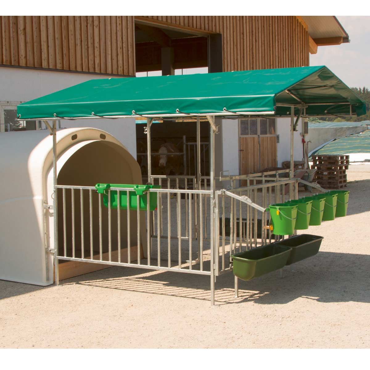 Kerbl Canopy for CalfHouse Premium 4/5, UV-Resistant PVC Cover, in use, in the stable